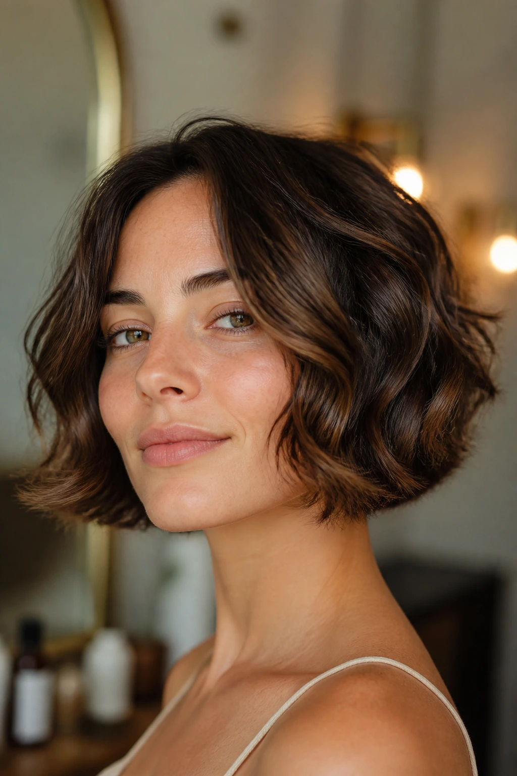 Bubble bob haircut with light layers on real woman.