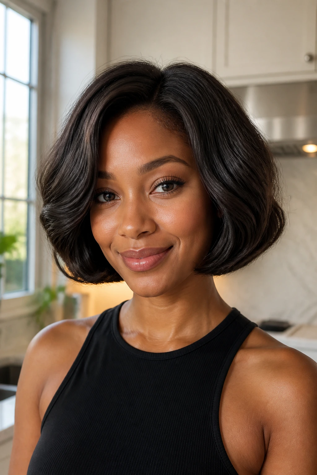 Portrait of a real woman with a rounded bubble bob and full crown.