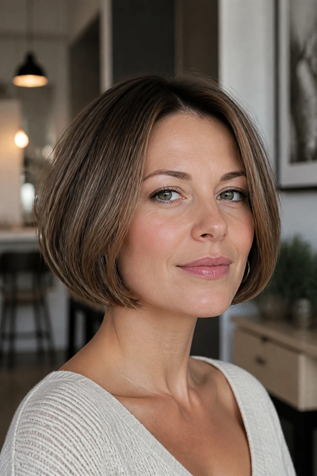 Close-up portrait of a real woman with bubble bob and rounded ends