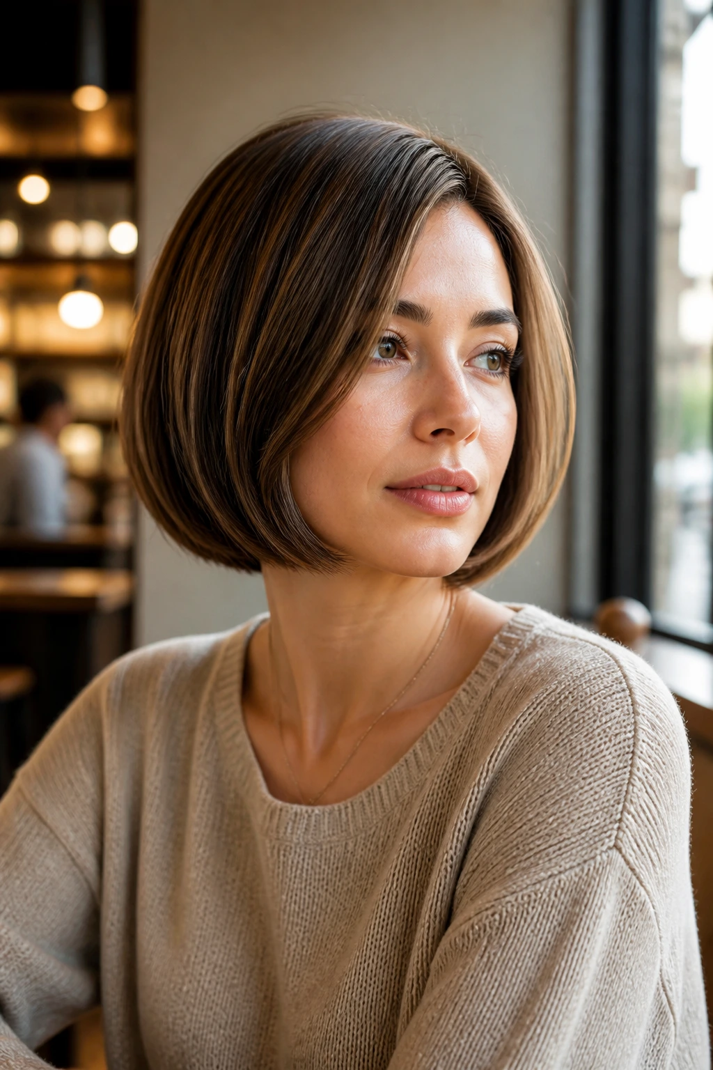 Close-up of a real woman with a rounded bubble bob at jaw length