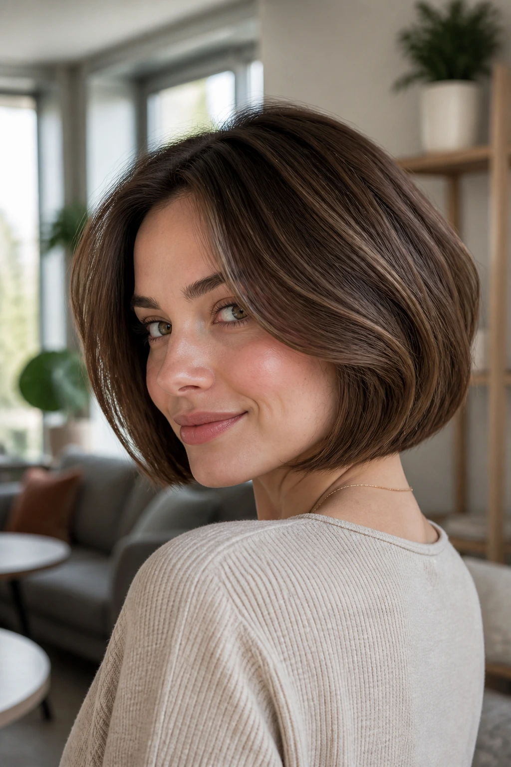 Real woman with a bubble bob showing rounded volume in a bright living room.