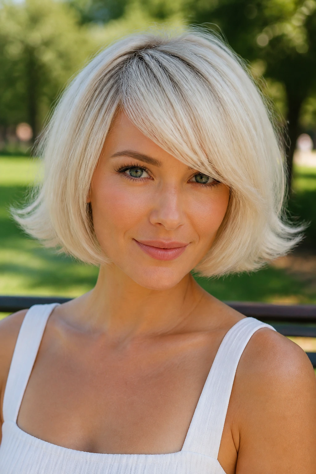 Close-up of a real woman with platinum bubble bob and side sweep.