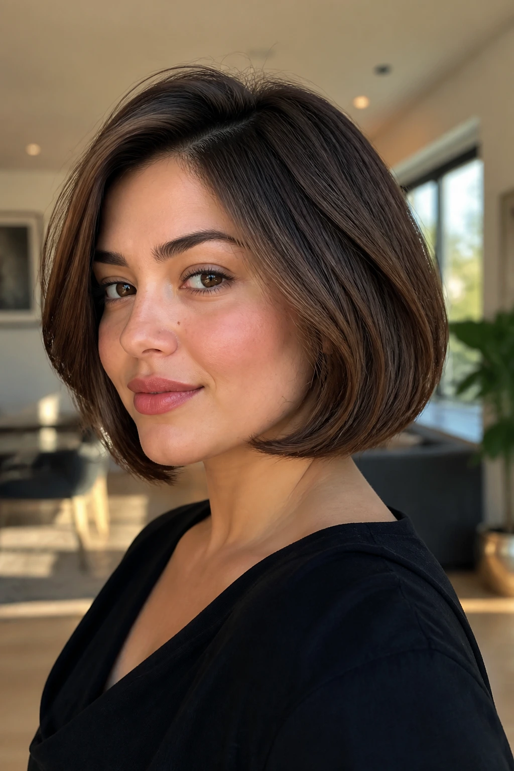 Portrait of real woman with bubble bob and soft curve under the jaw in warm daylight
