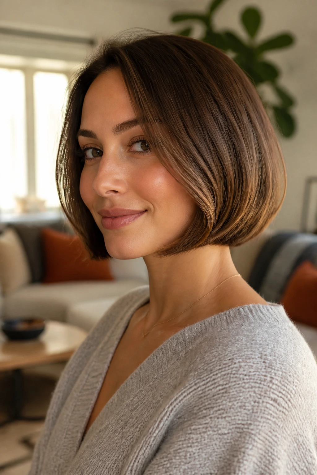 Portrait of a real woman with a bubble bob and soft curve