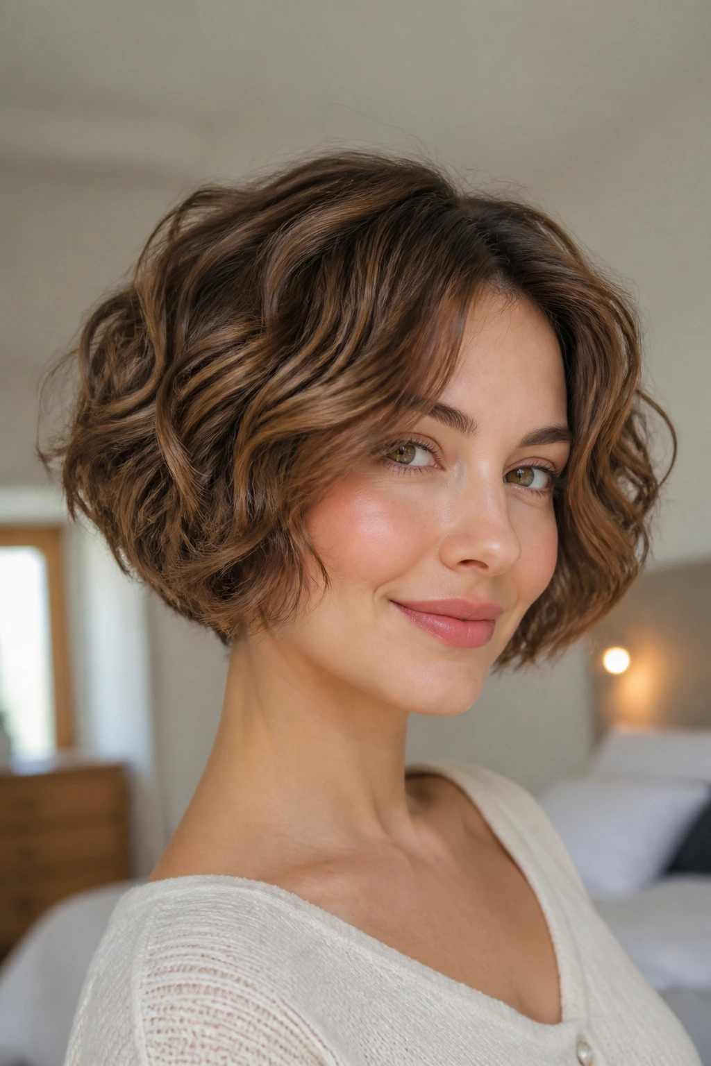 Real woman with bubble bob on wavy hair in a bright bedroom.