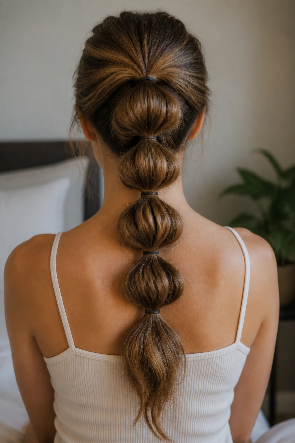 Back view of a real woman with a bubble braid down the back
