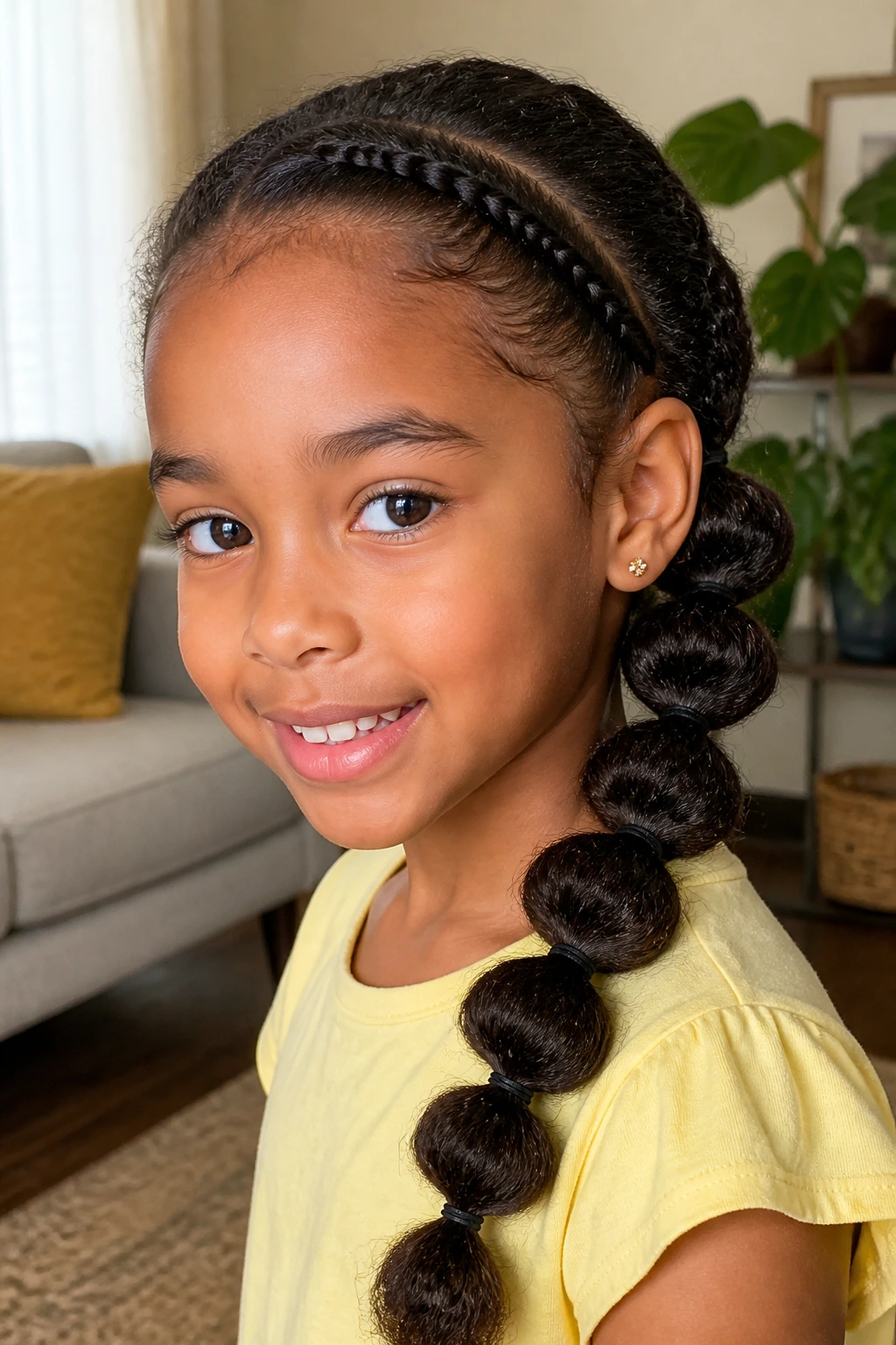 Close-up of a child with a base braid and bubble sections along the length