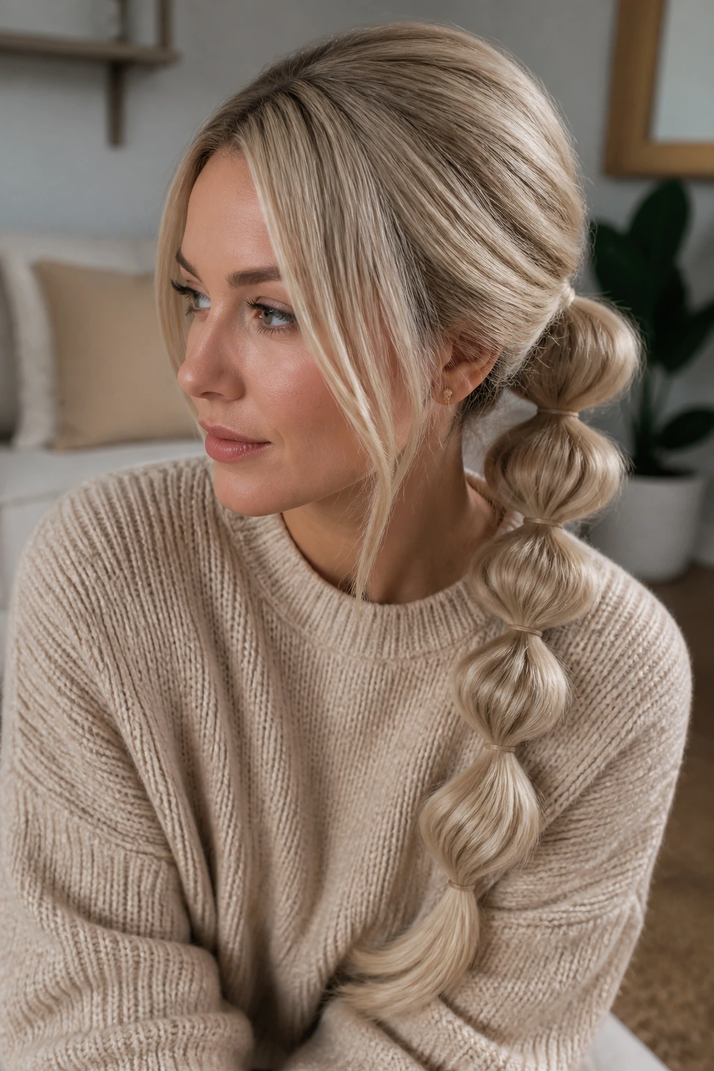 Close-up of a woman with beige blonde bubble braid ponytail in living room light.