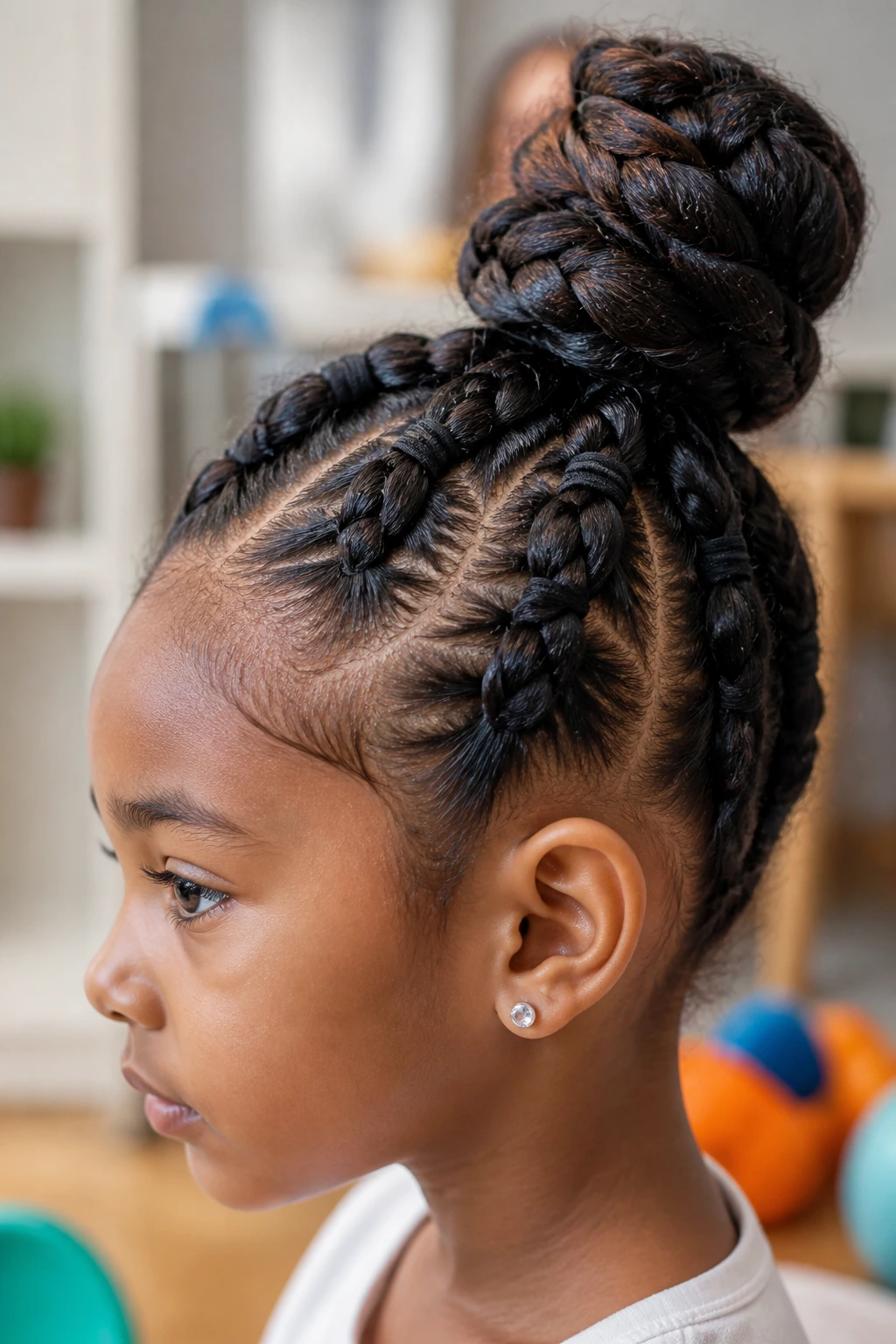 Close-up of a real child with bubble braids coiled into a bun.