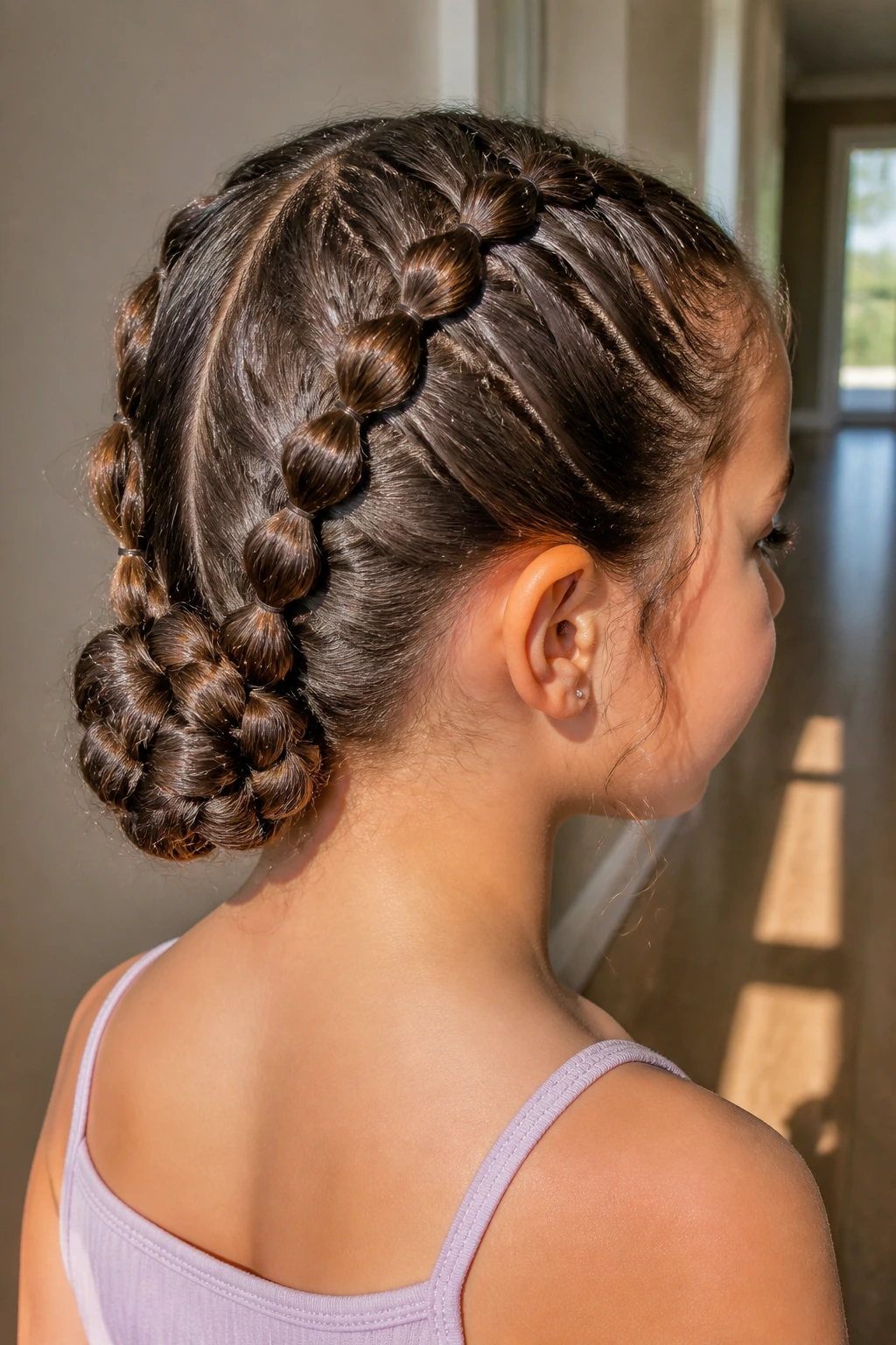 Close-up of a real child with bubble braids forming a braided chignon at the nape in a sunlit hallway