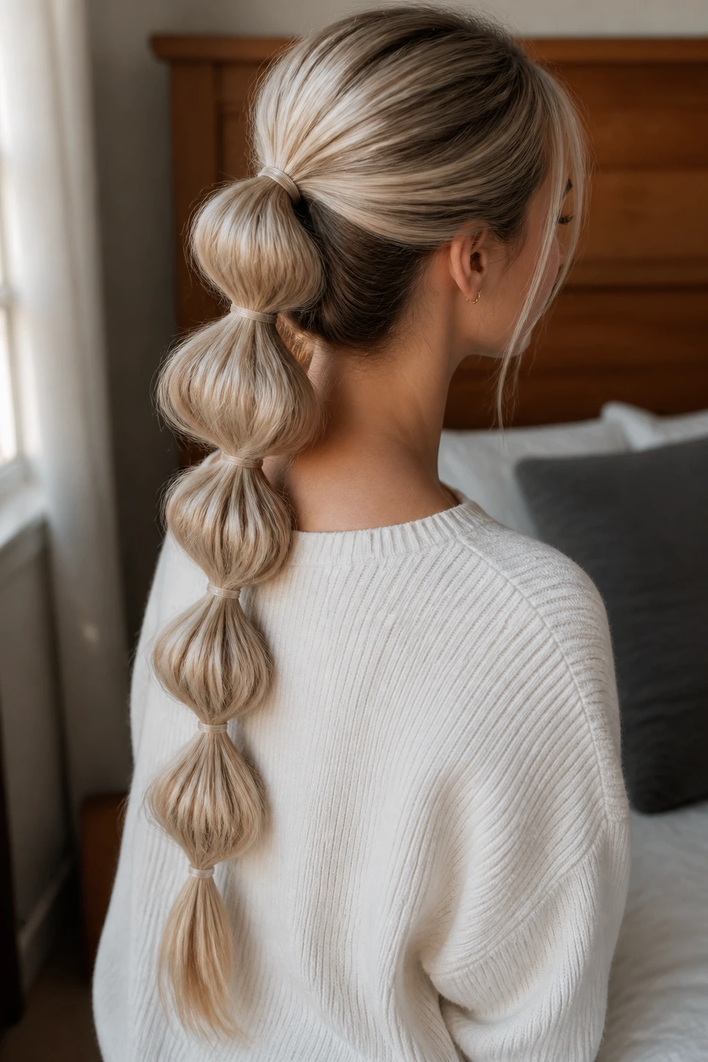 Close-up of a real woman with bubble braids in cool ash blonde running down the back