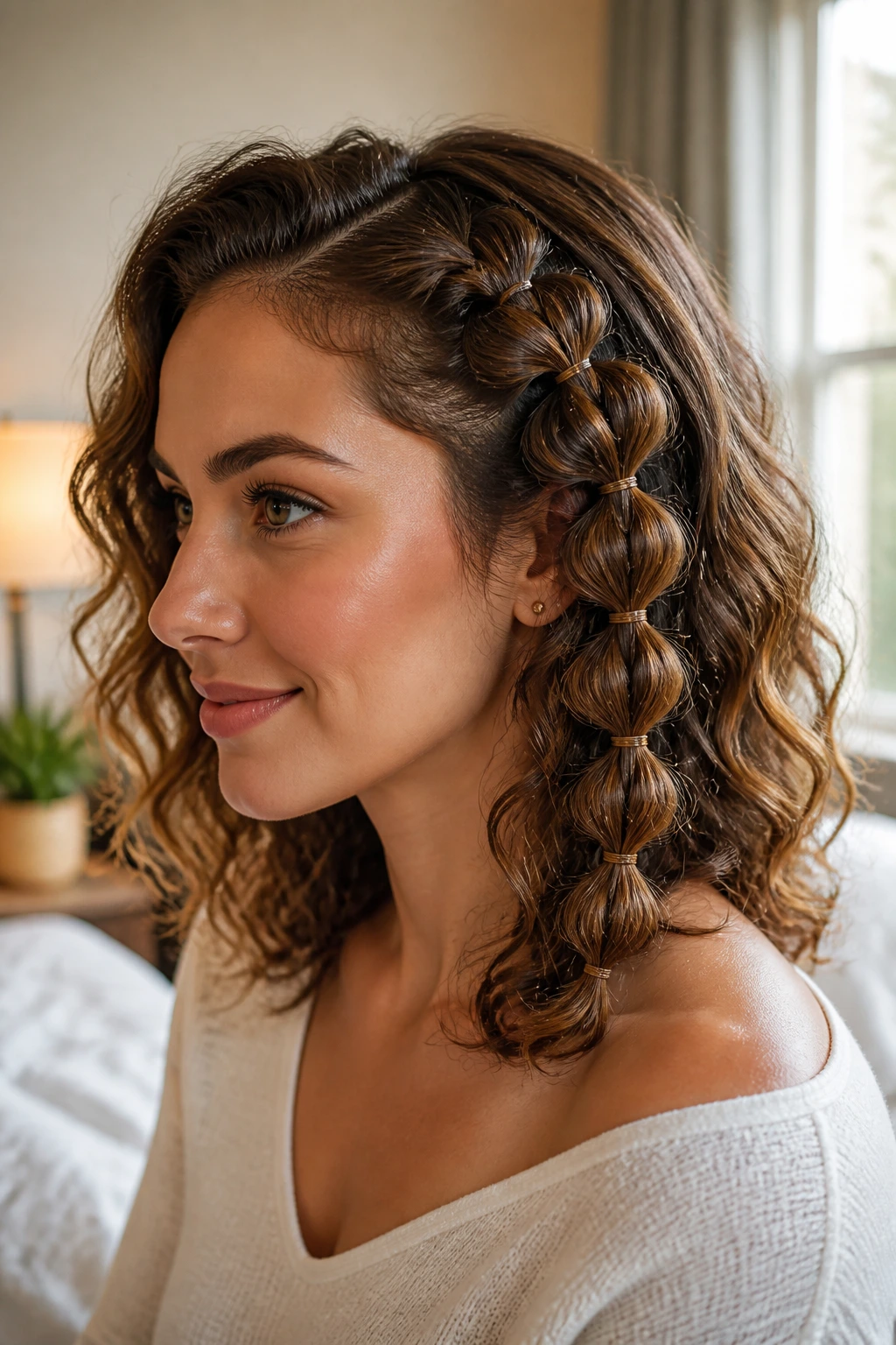Close-up of a real woman with a bubble-braid accent on the side of midlength curls