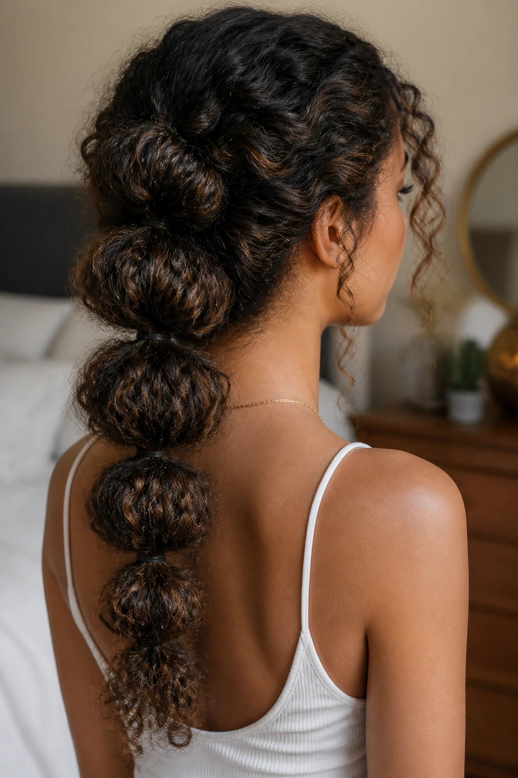 Close-up of a woman with a bubble braid on thick curls