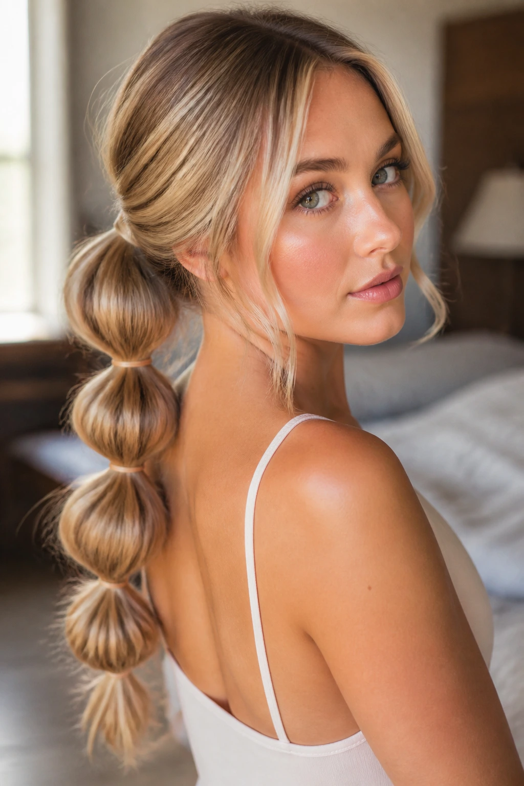 Close-up of a real woman with a bubble braid in dimensional blonde tones