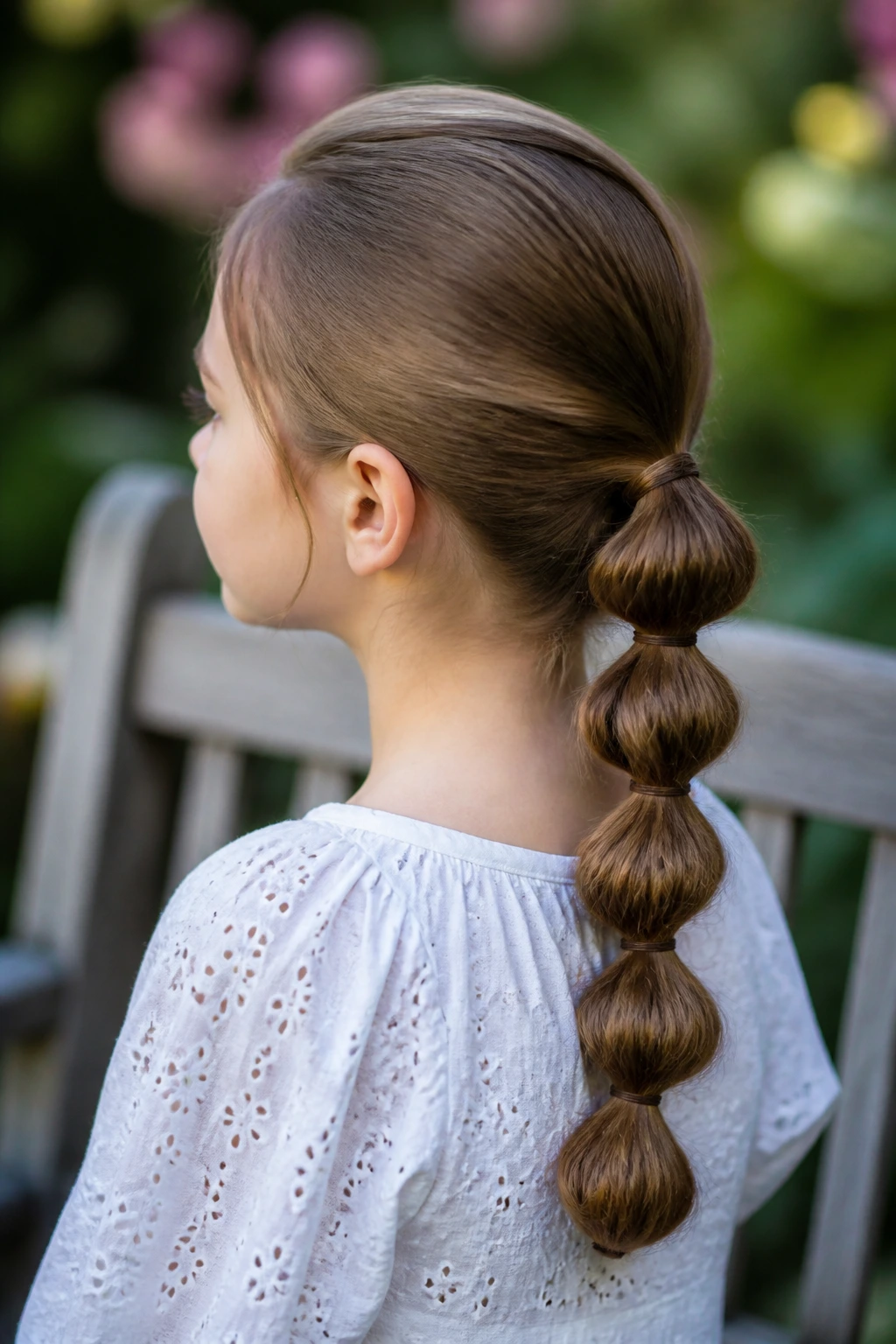 Back/side close-up of a real girl with a low bubble braid
