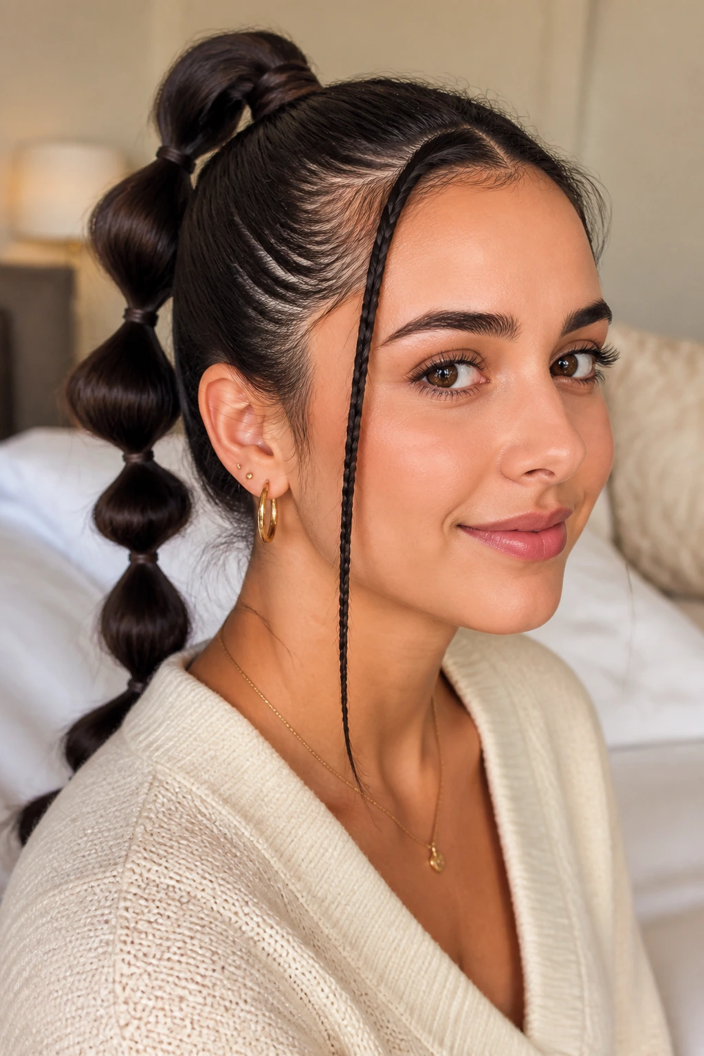 Close-up of a real woman with a bubble braid and front micro braid in warm natural light