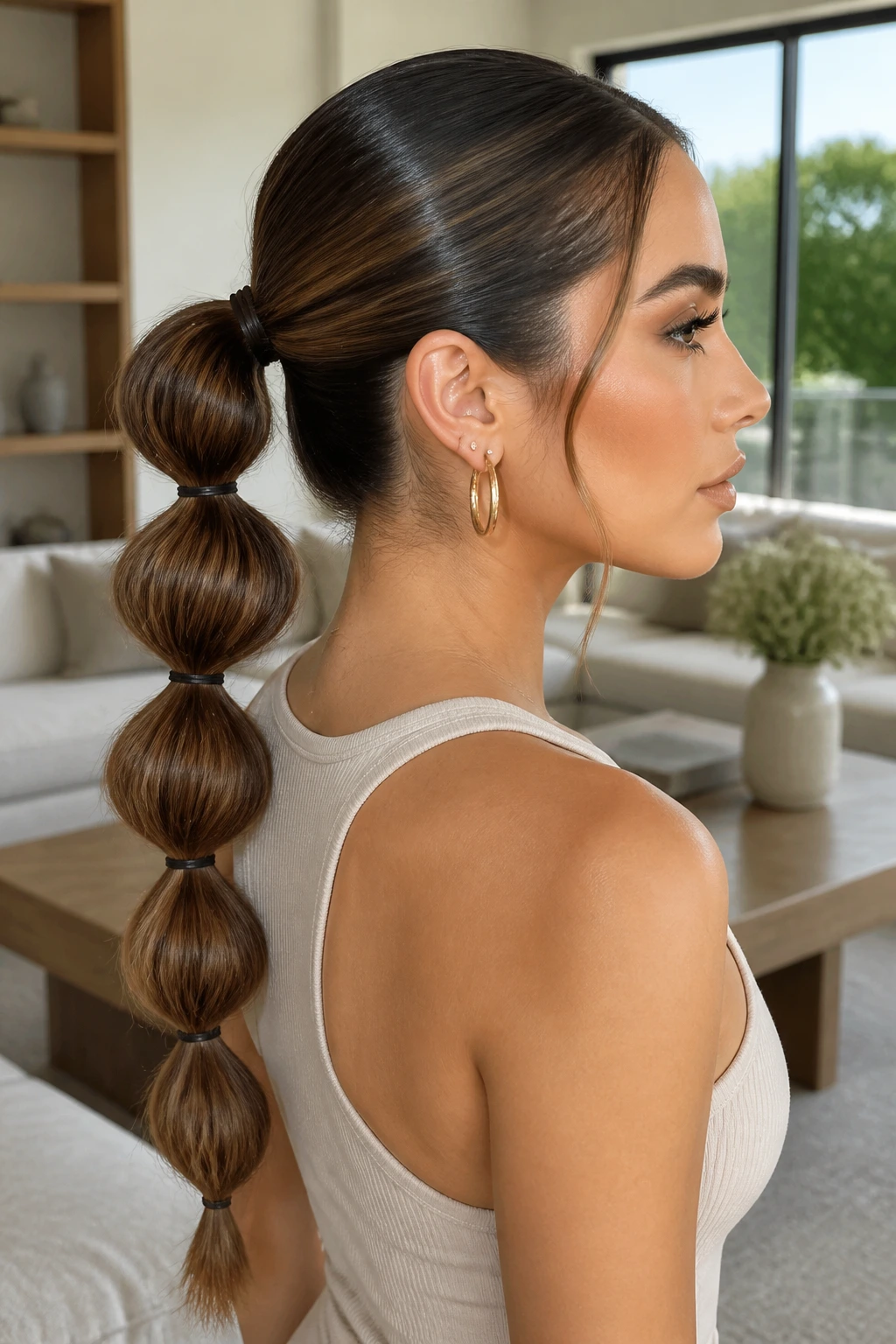 Close-up of a woman with a sleek bubble braid ponytail