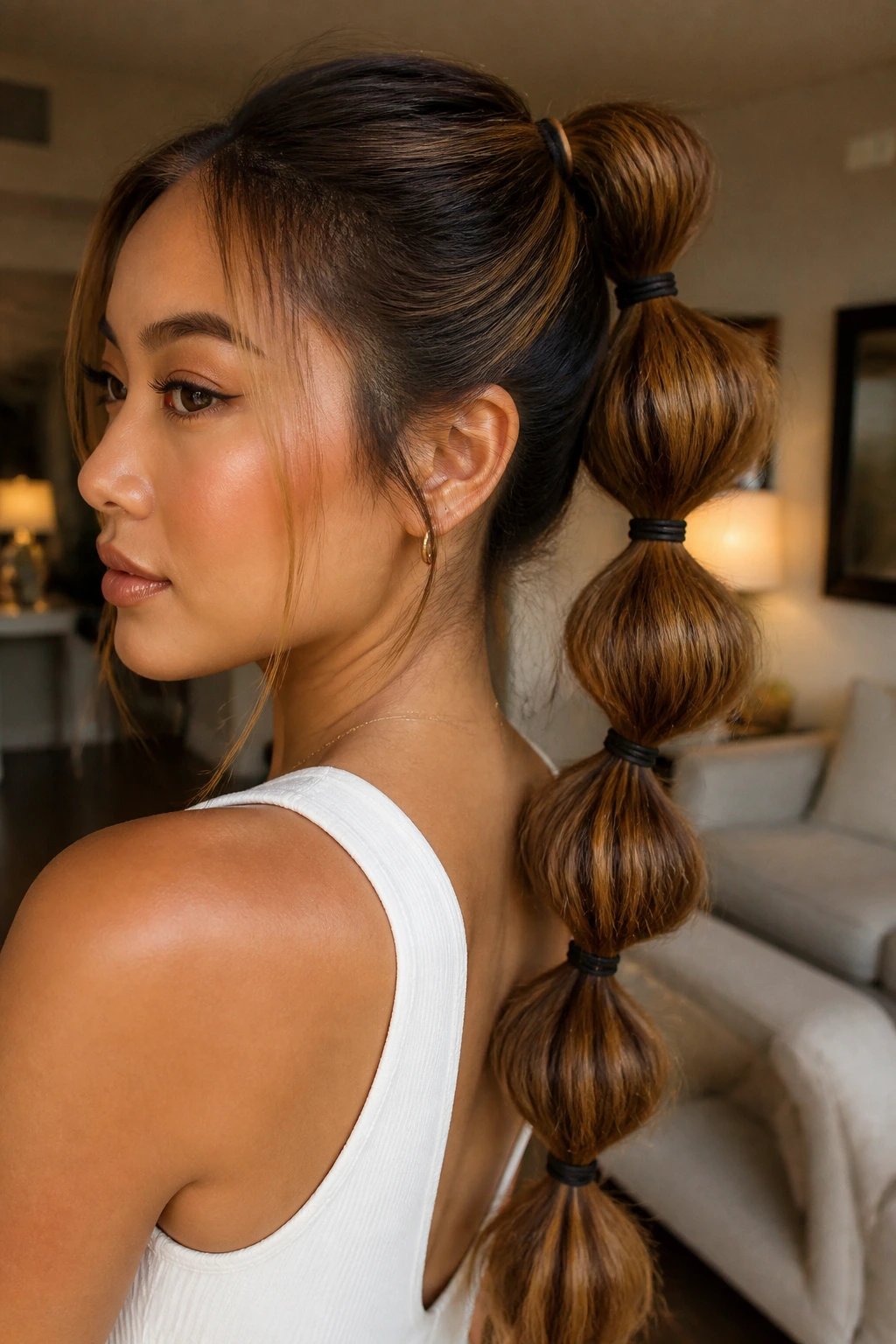 Close-up of bubble braid ponytail with caramel and honey tones