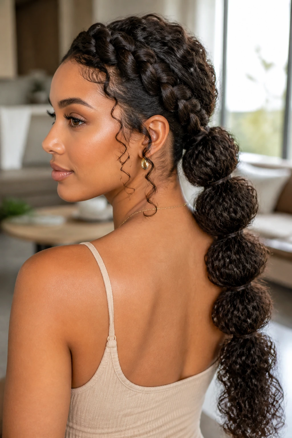Close-up of a real person with a bubble braid formed from a braided base and rounded bubbles along the length.