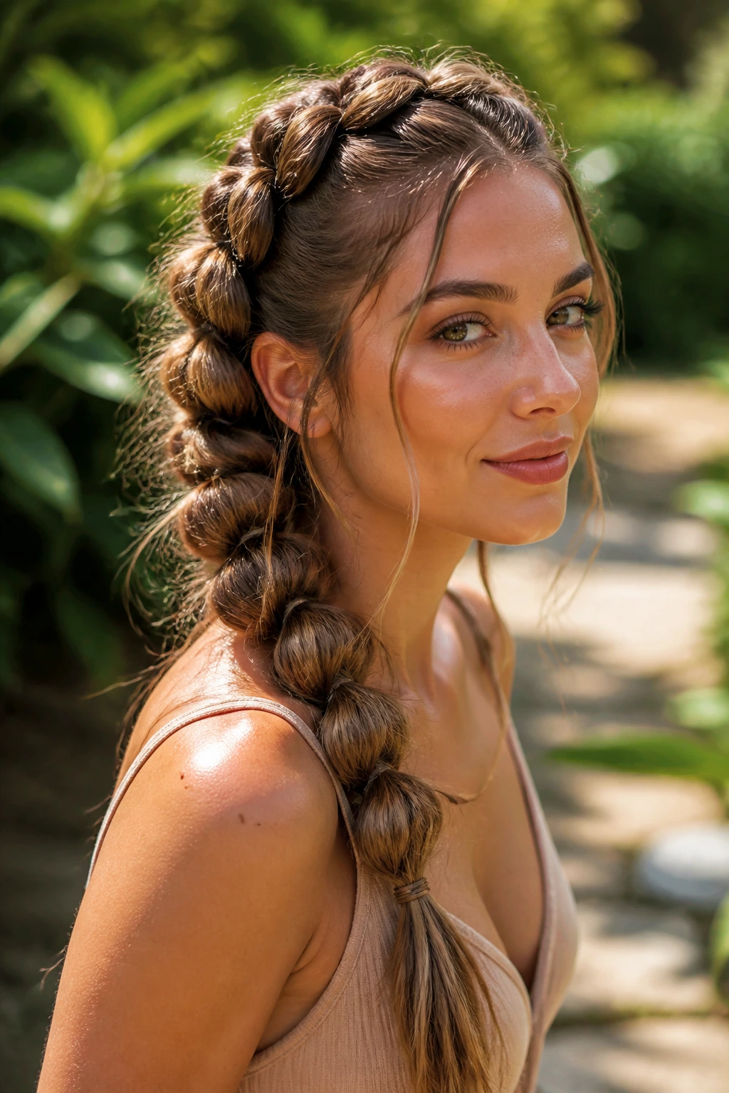 Close-up of a real woman with a bubble braid and soft pull-outs