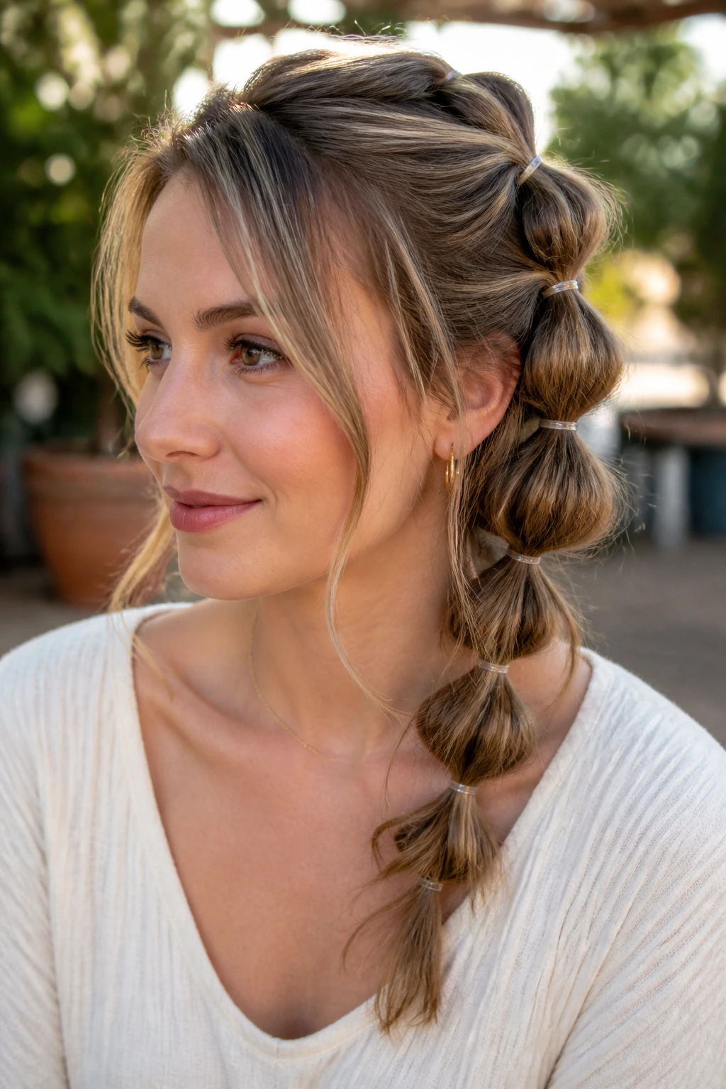 Portrait of a real woman with a shoulder-length bubble braid.