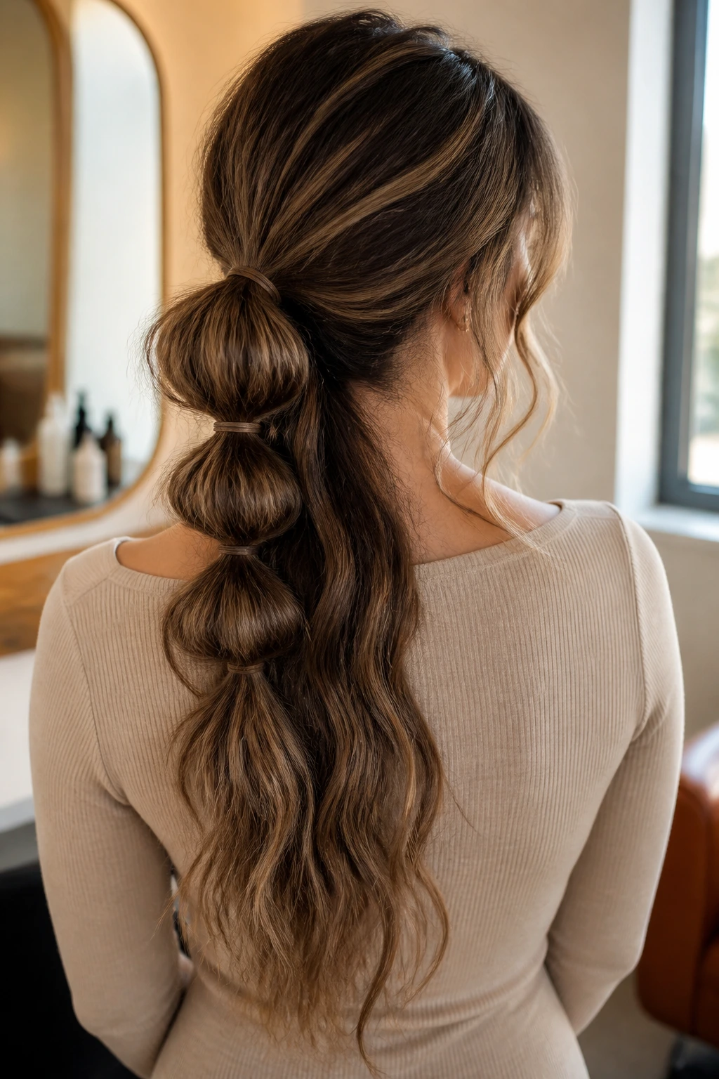 Back view of woman with bubble braid and textured waves