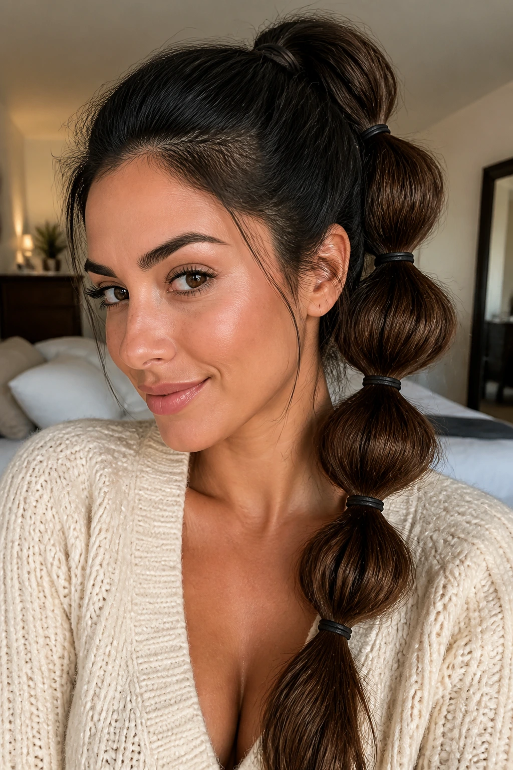 Close-up of a real woman with a thick bubble braid in a high-to-mid ponytail, warm window light.