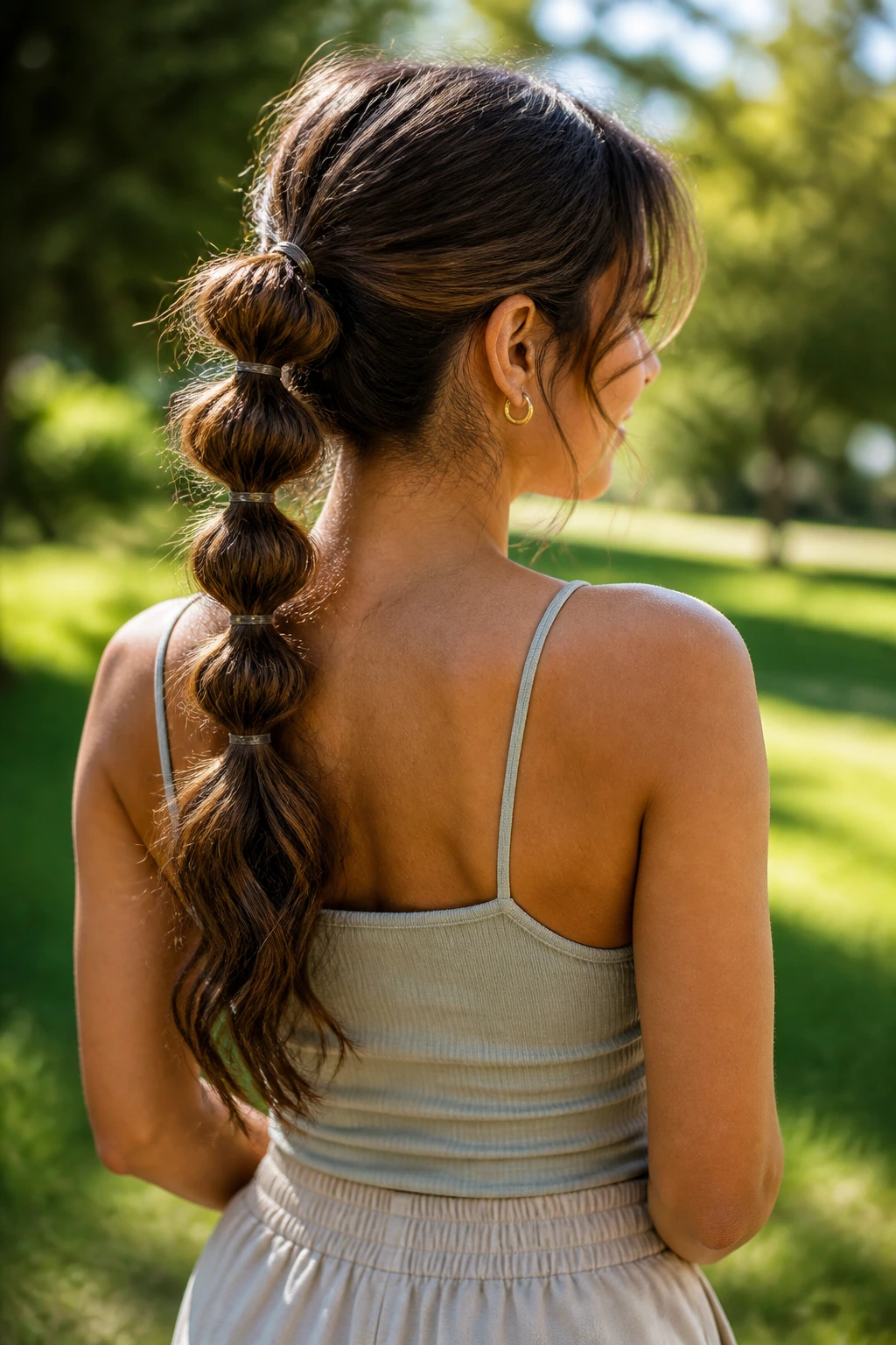 Rear view of a real woman with bubble braid and wavy lengths