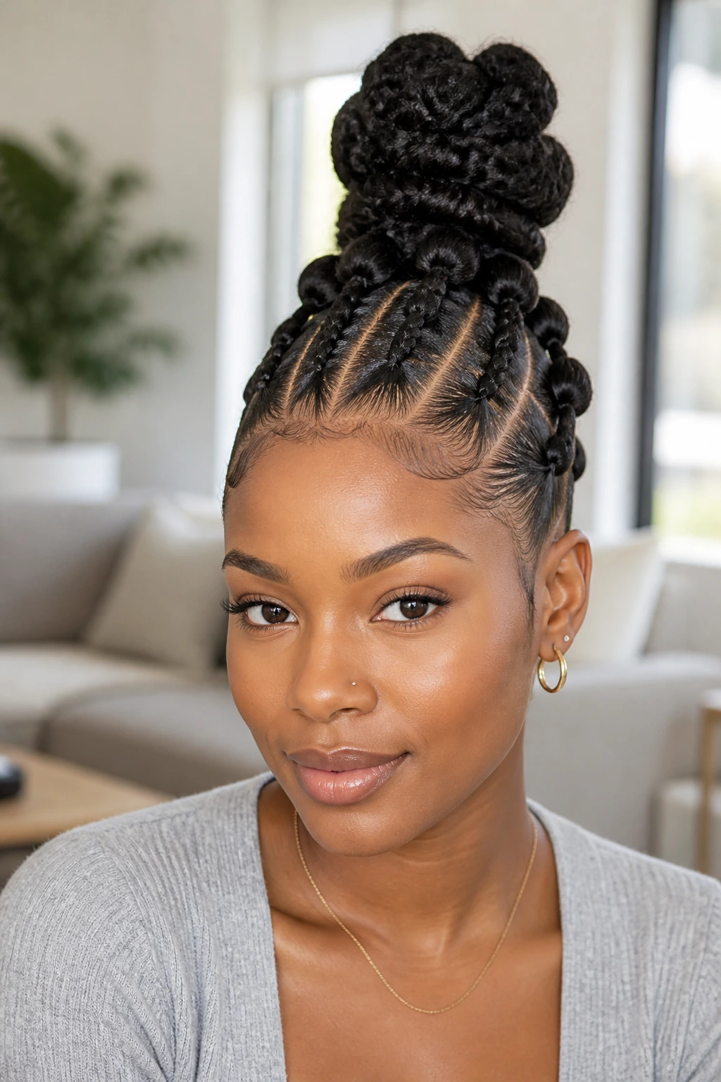 Close-up of a real woman with bubble braids leading to a bun.