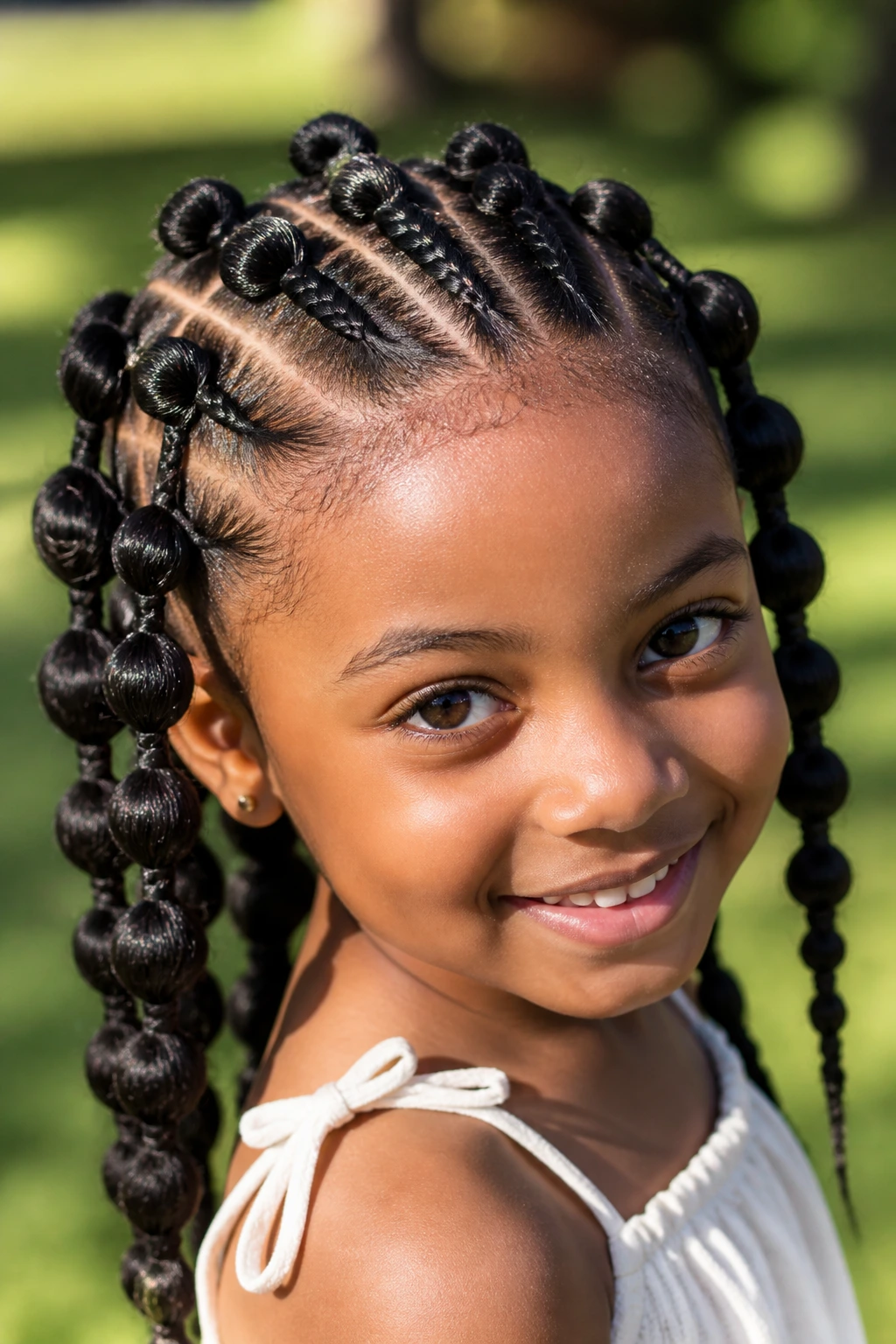 Girl with bubble braids over cornrows outdoors in a park.