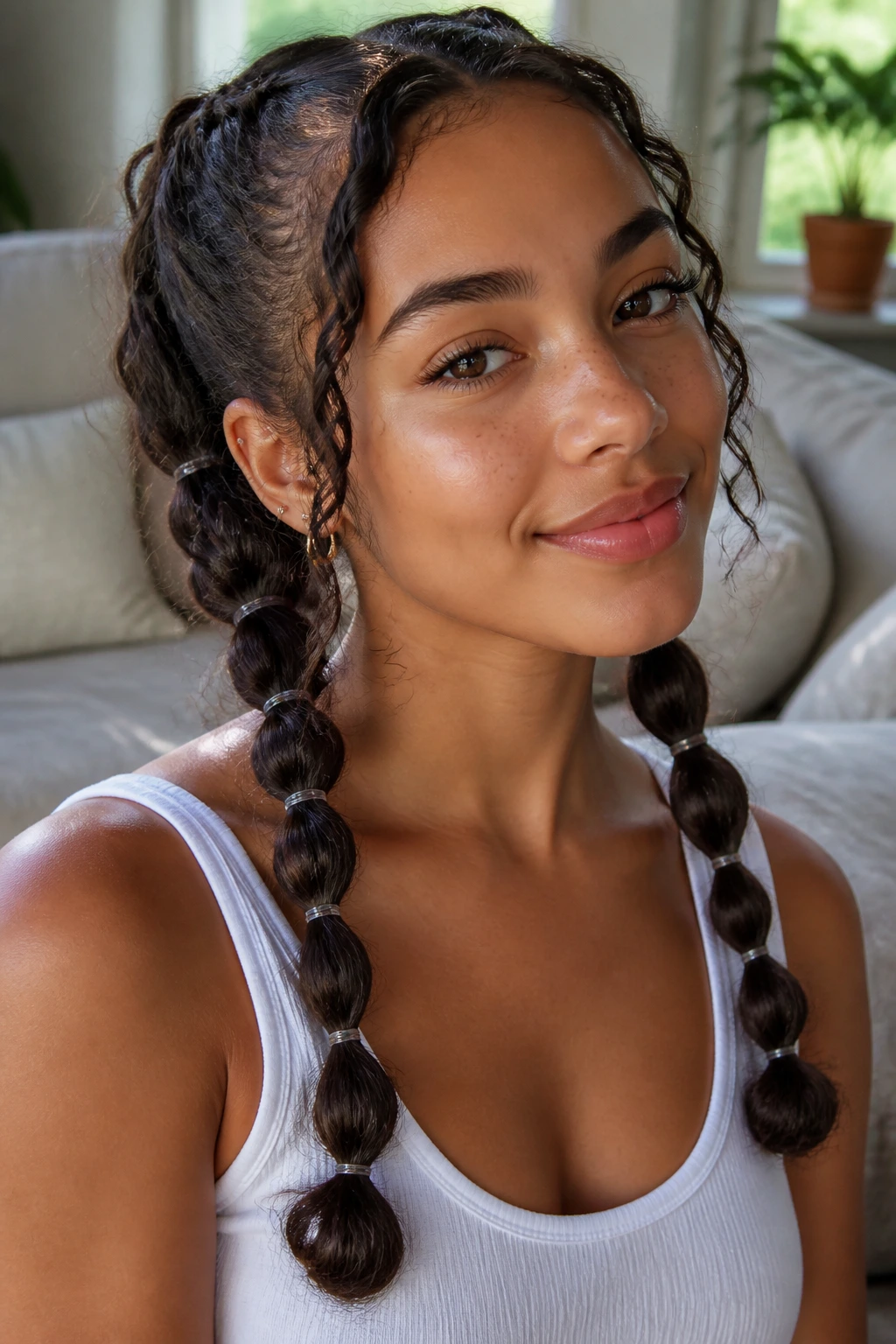 Real person with bubble-ended twin braids and clear elastics.