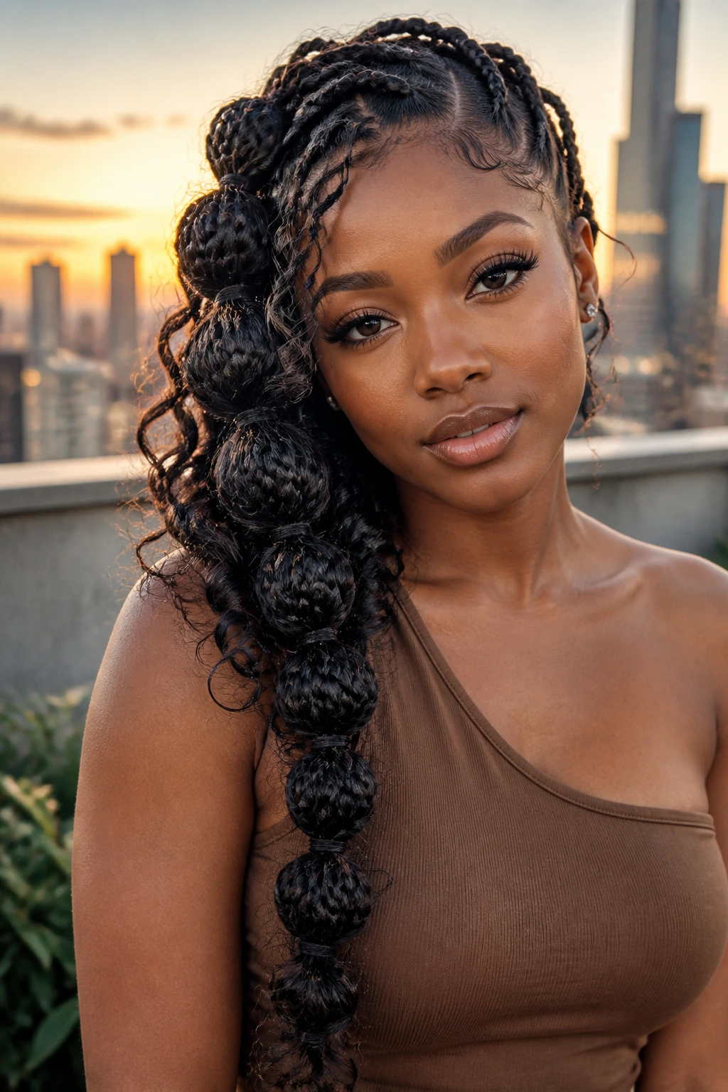 Close-up of a real woman with one-shoulder bubble braids and curls on a rooftop at golden hour.