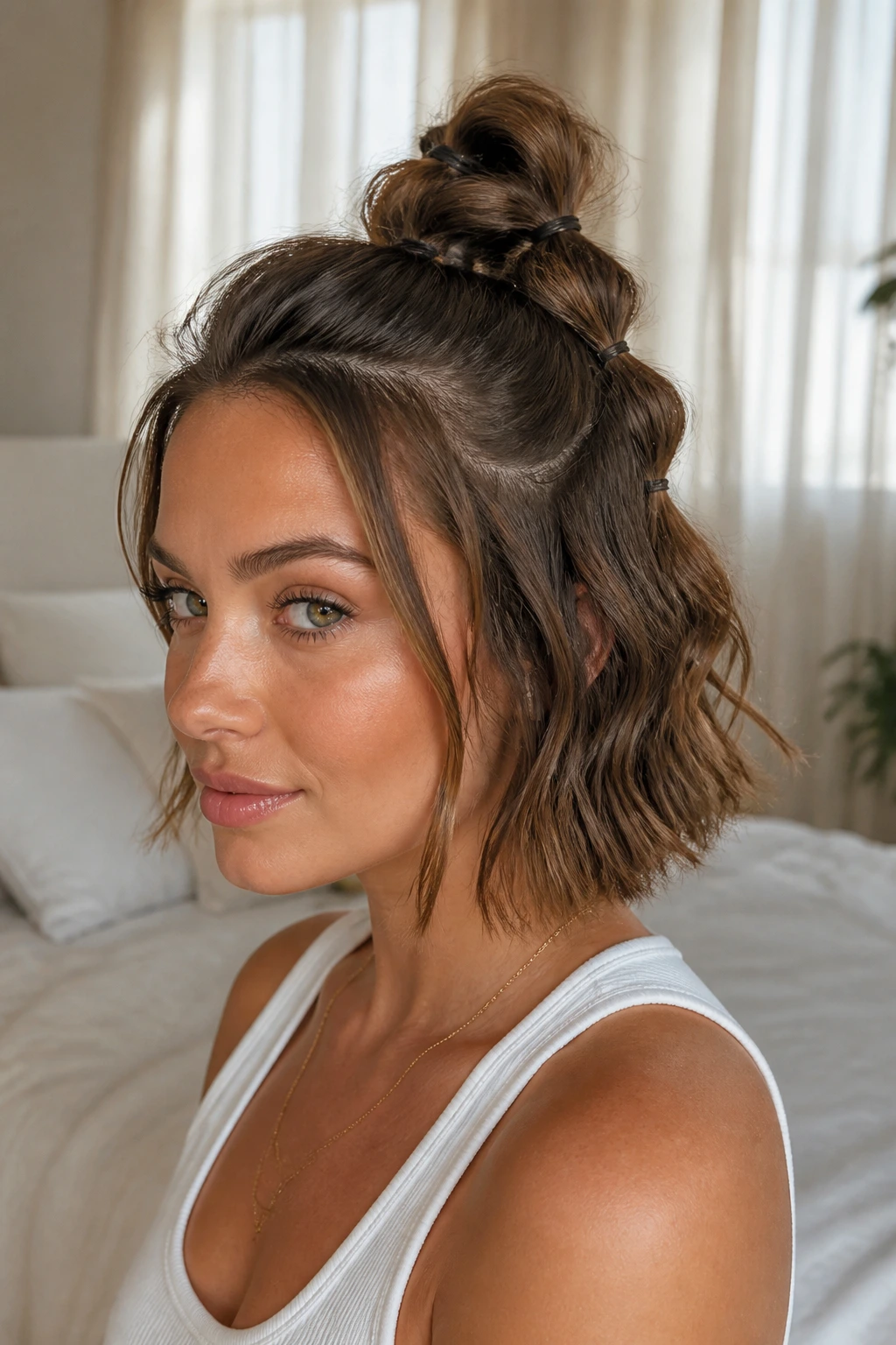 Close-up of a woman with a bubble half bun formed by elastic segments