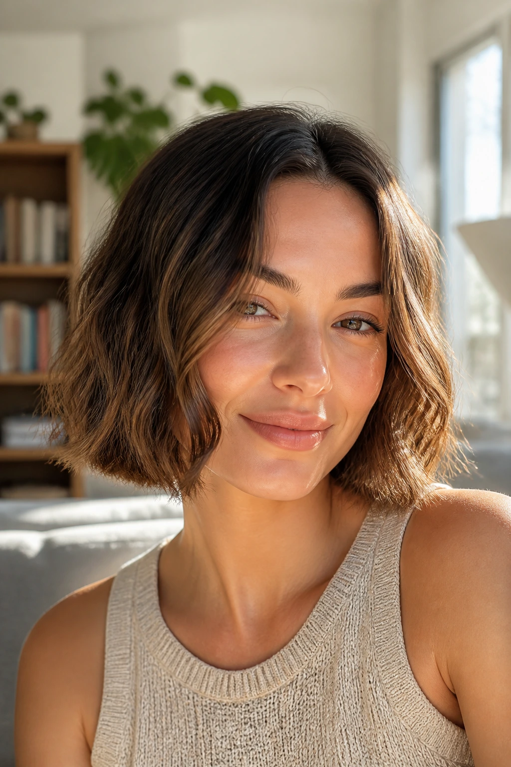 Close-up of a real woman with a bubble center bob on wavy hair, chin-length, in warm daylight.