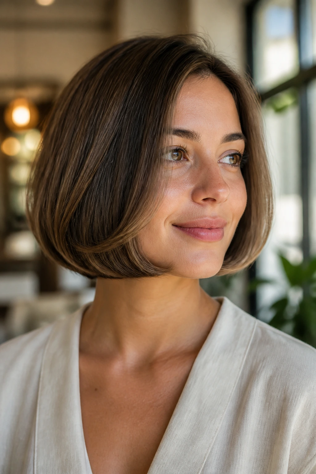 Close-up of a real woman with a bubble-end bob hairstyle, curved ends and volume