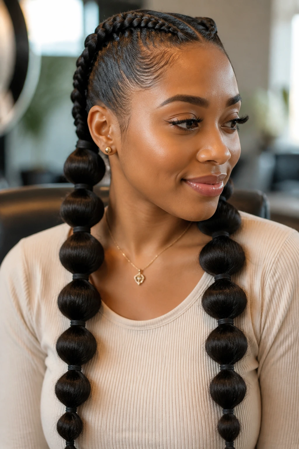 Close-up of real woman with bubble-ended double braids in soft indoor light