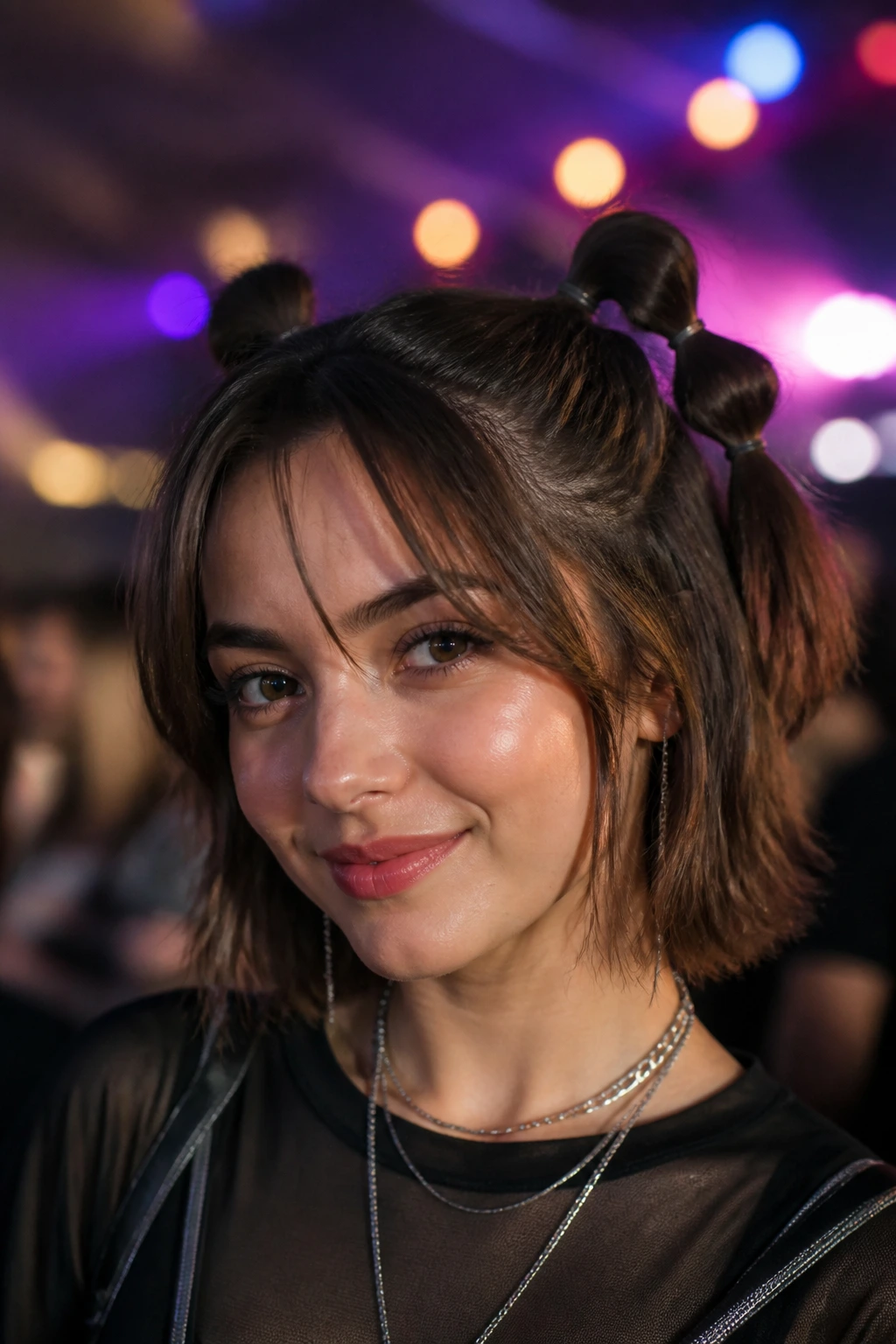 Close-up of a real woman wearing bubble half-pigtails with curtain bangs at a concert.