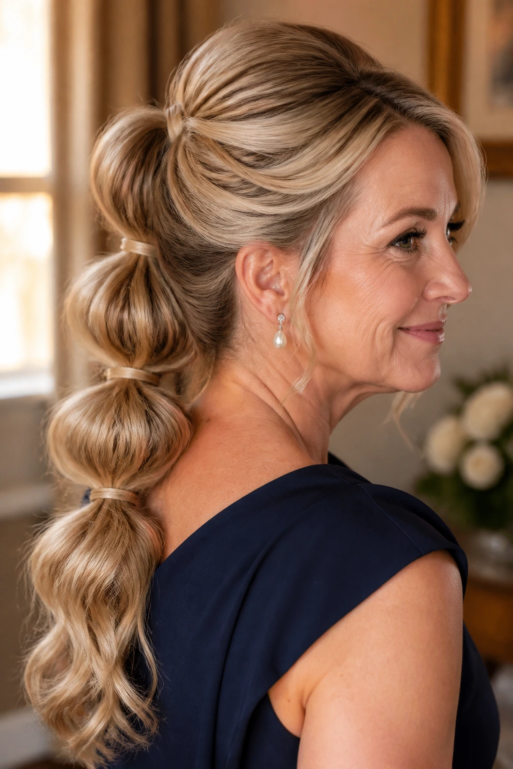 Close-up of a real woman wearing a bubble half-pony hairstyle with visible bubble segments