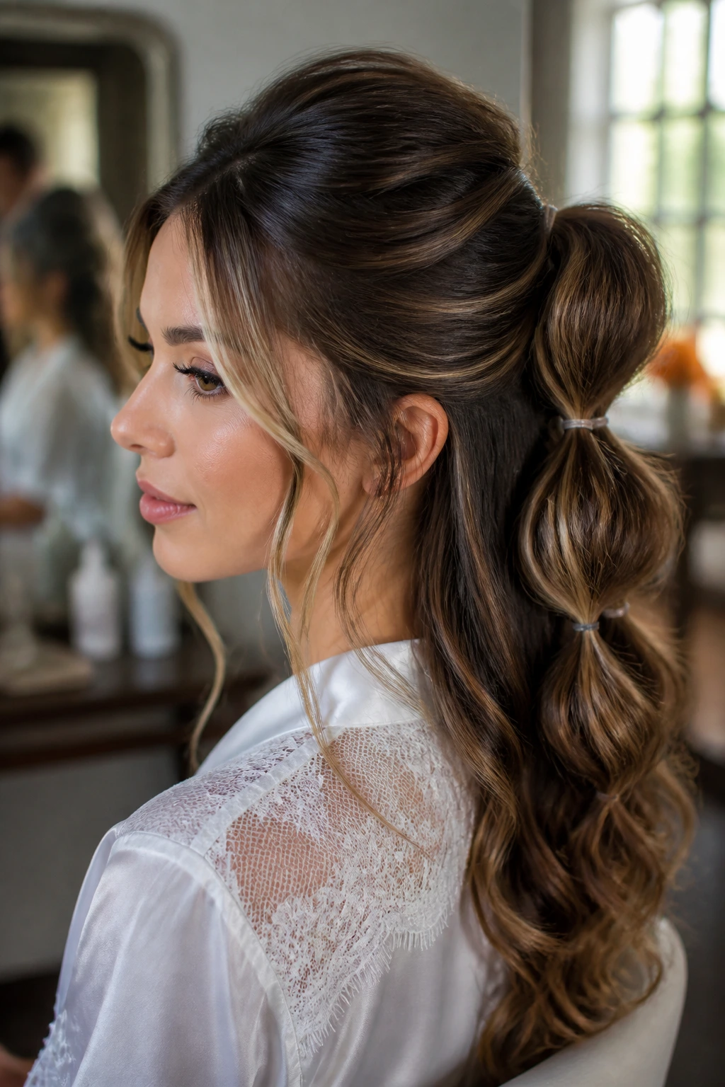 Close-up of a real bride's head with a bubble half ponytail and loose money piece.