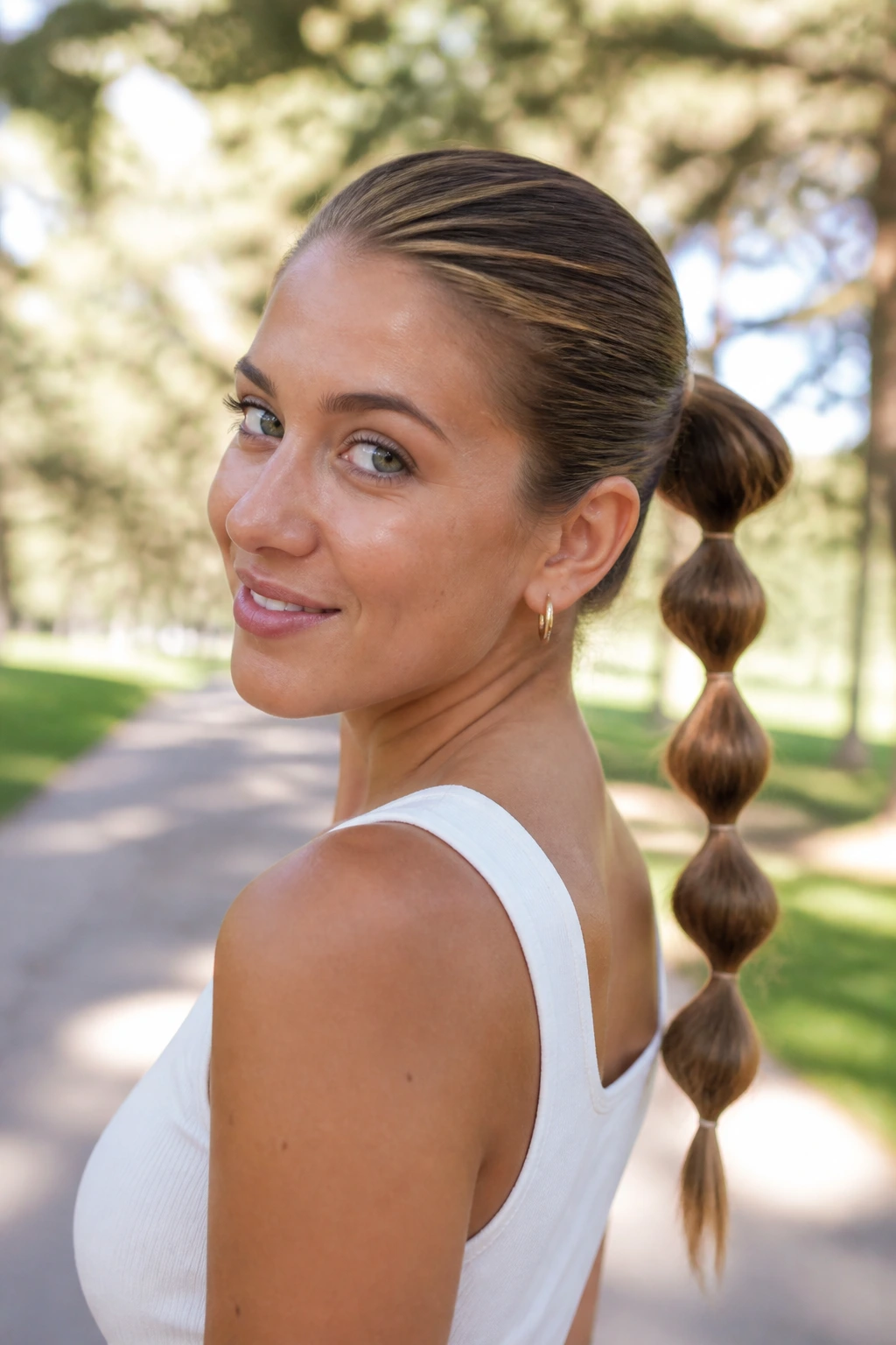 Woman with bubble line ponytail with elastic segments in park light