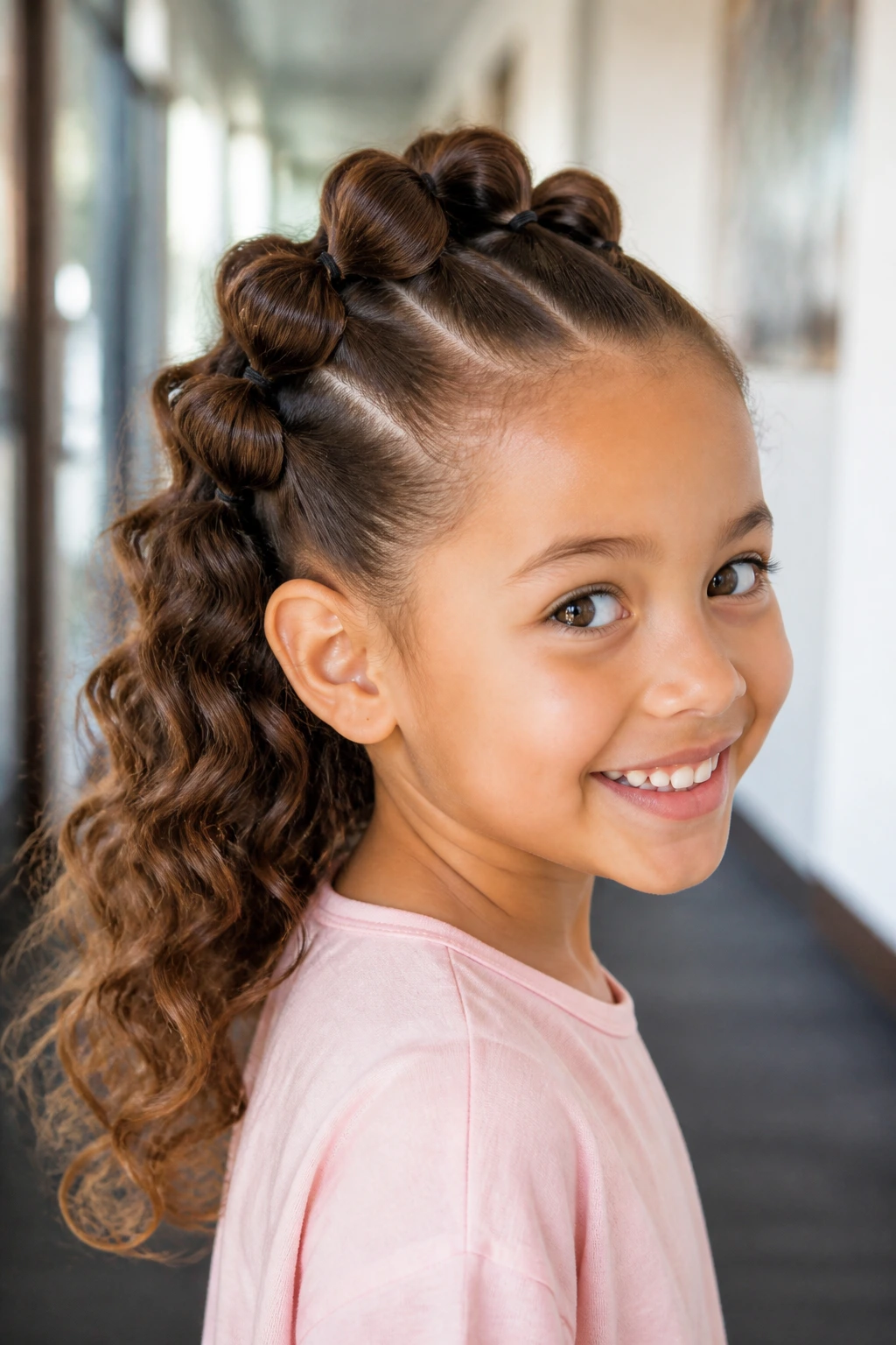 Close-up of a child's head with bubble Mohawk on wavy hair