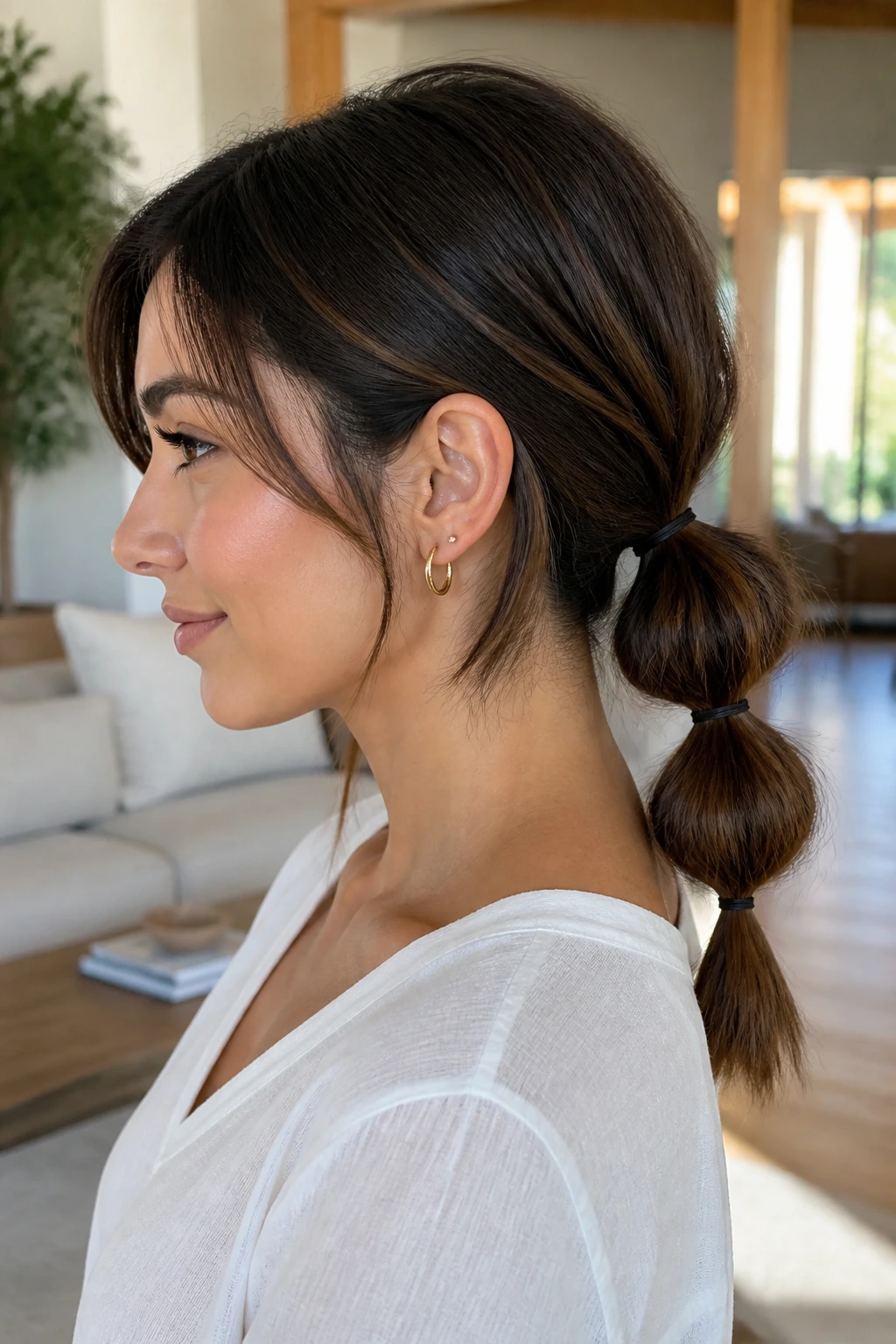 Close-up of bob-length hair in a bubble ponytail with two elastic bubbles.