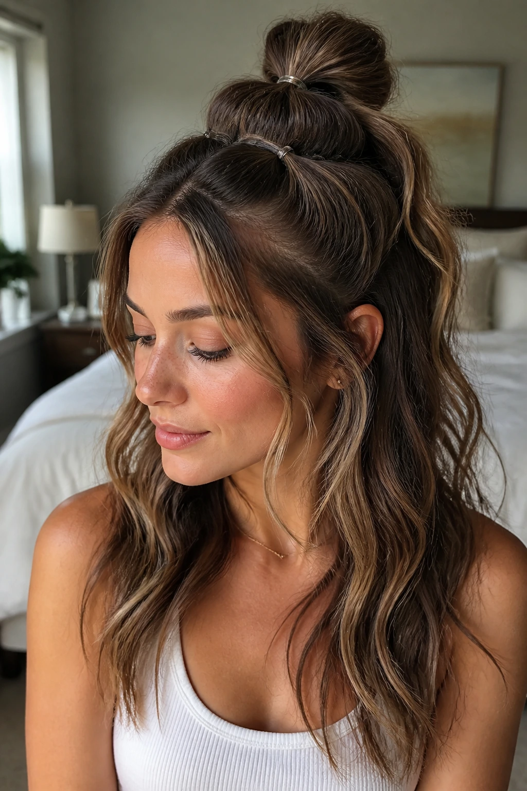 Close-up of a real woman with a bubble pony half-up hairstyle and soft waves.