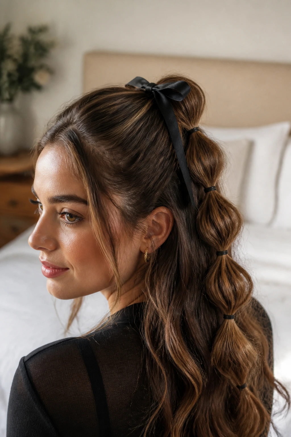Close-up of a real woman showing a bubble half-up pony with a ribbon tie on wavy hair