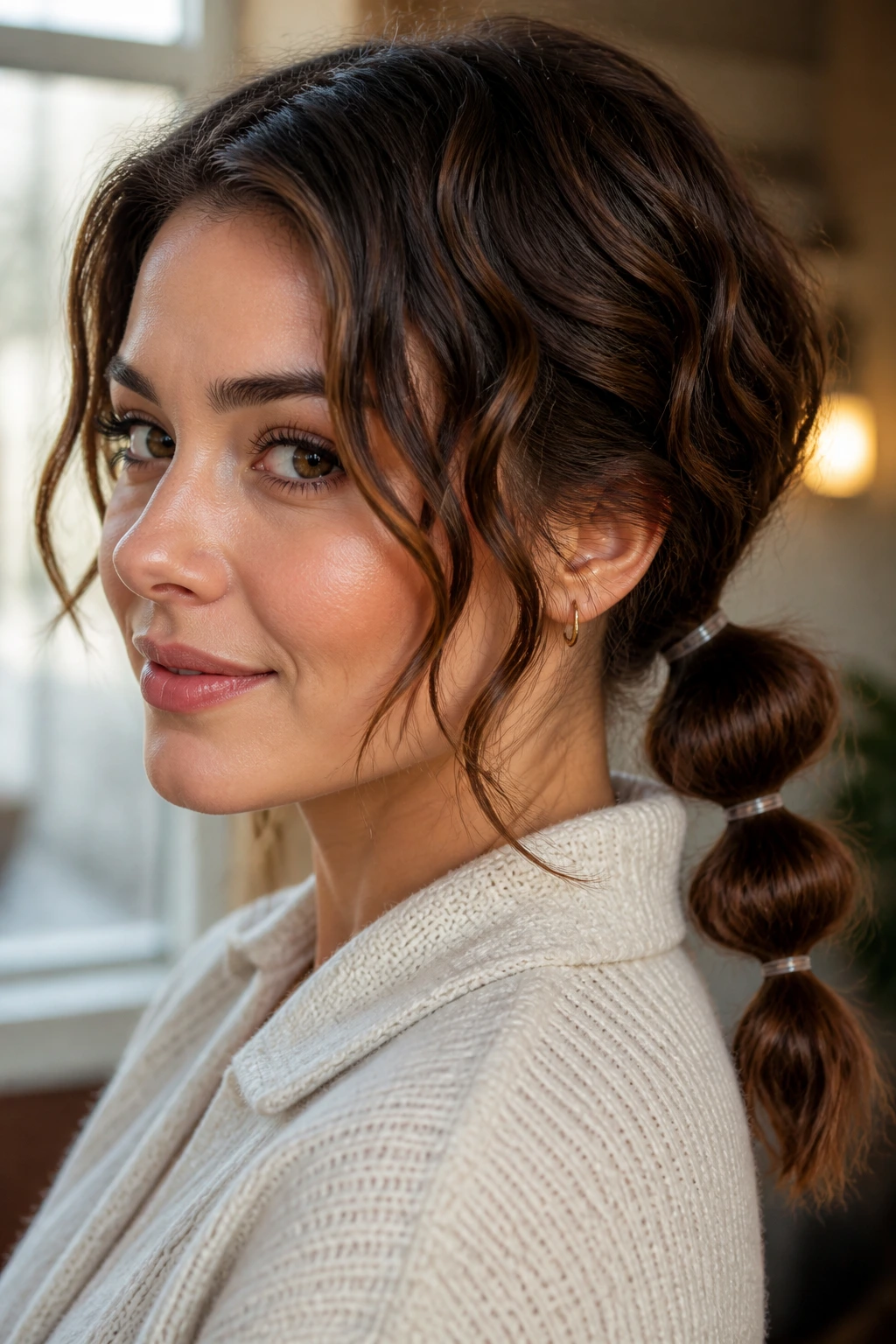 Close-up of a real woman with short wavy hair styled into a bubble pony with bubble sections and elastics.