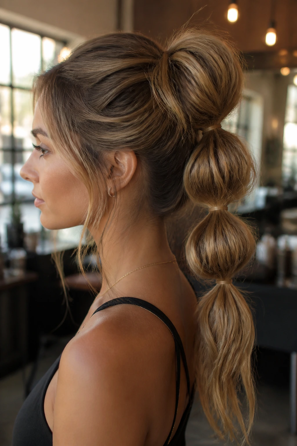 Close-up portrait of a real woman with a bubble ponytail and beachy texture