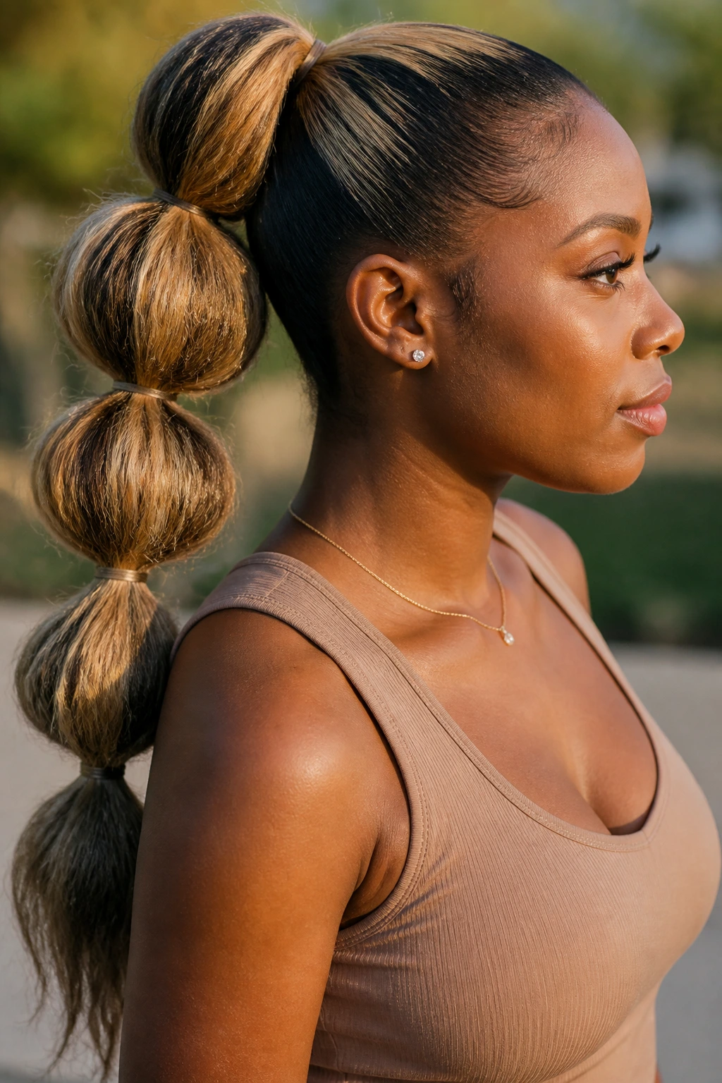 Close-up of a real woman with a bubble ponytail featuring blonde sections