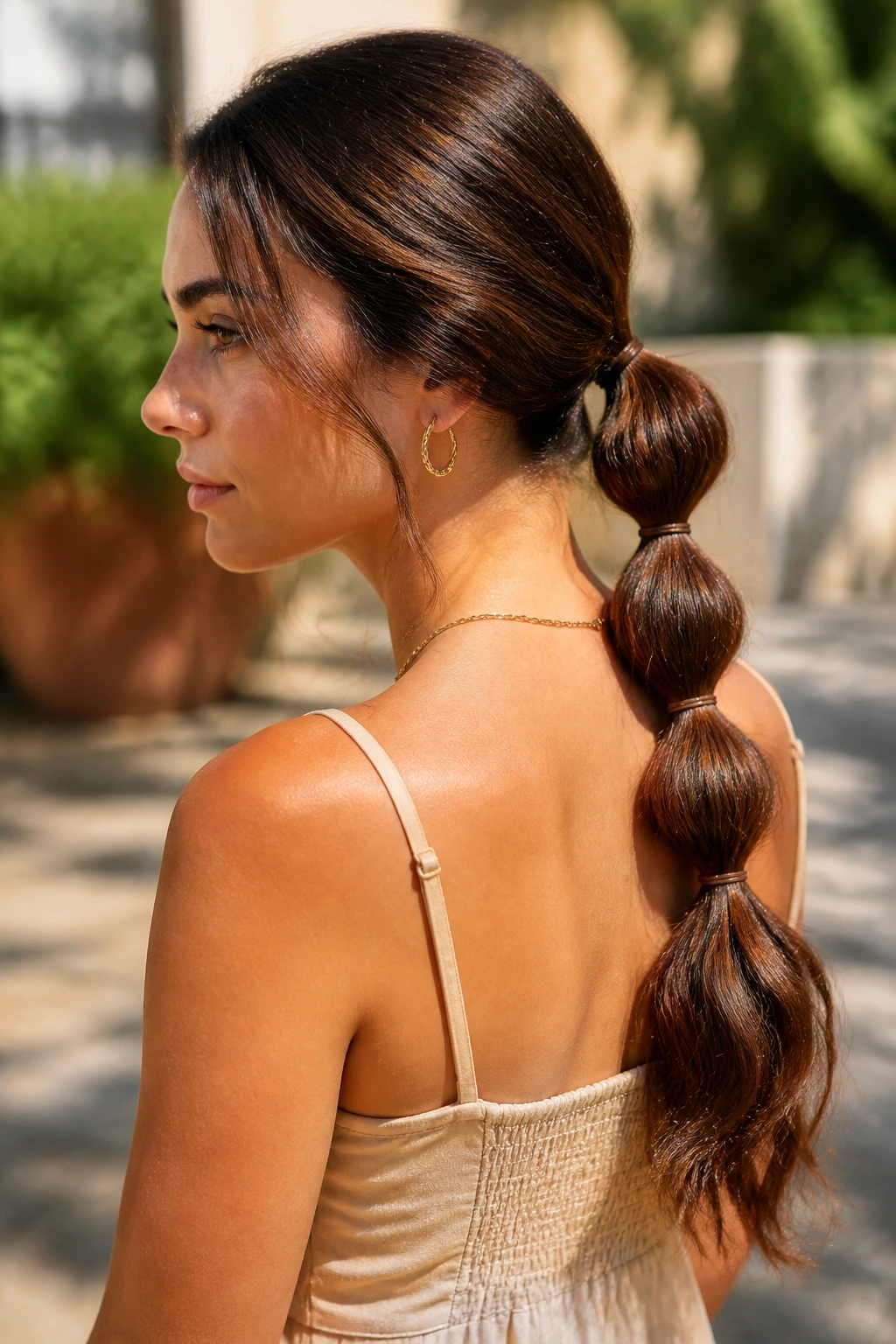 Brunette with bubble ponytail catching light in a courtyard