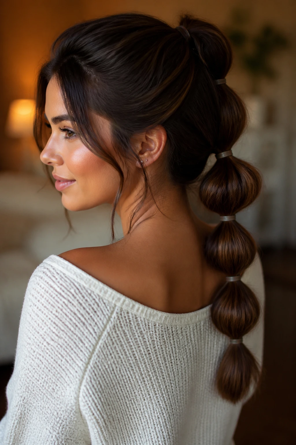 Real brunette with bubble ponytail and loose sides in warm light.