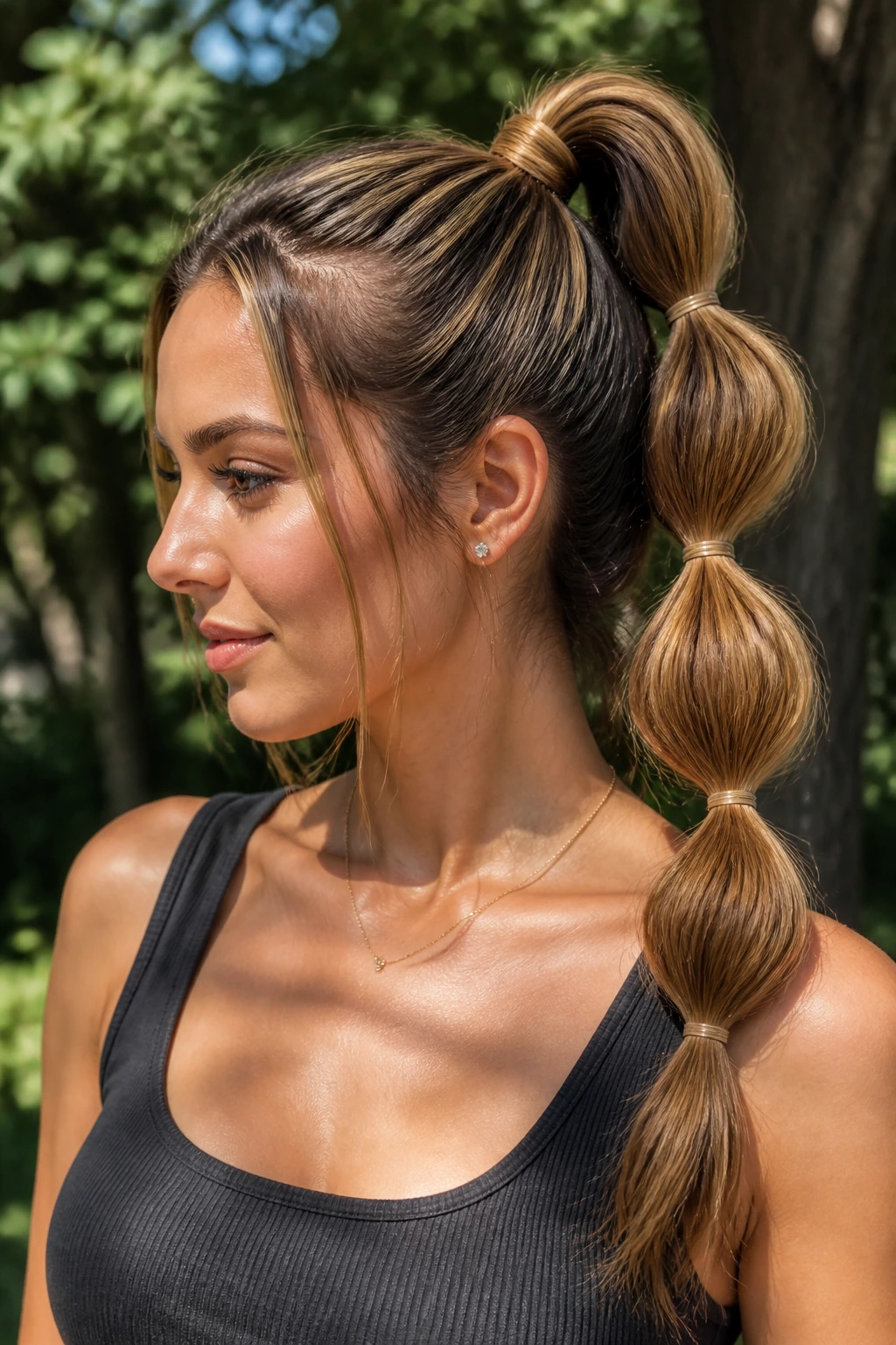 Real person with a bubble ponytail and caramel highlights outdoors